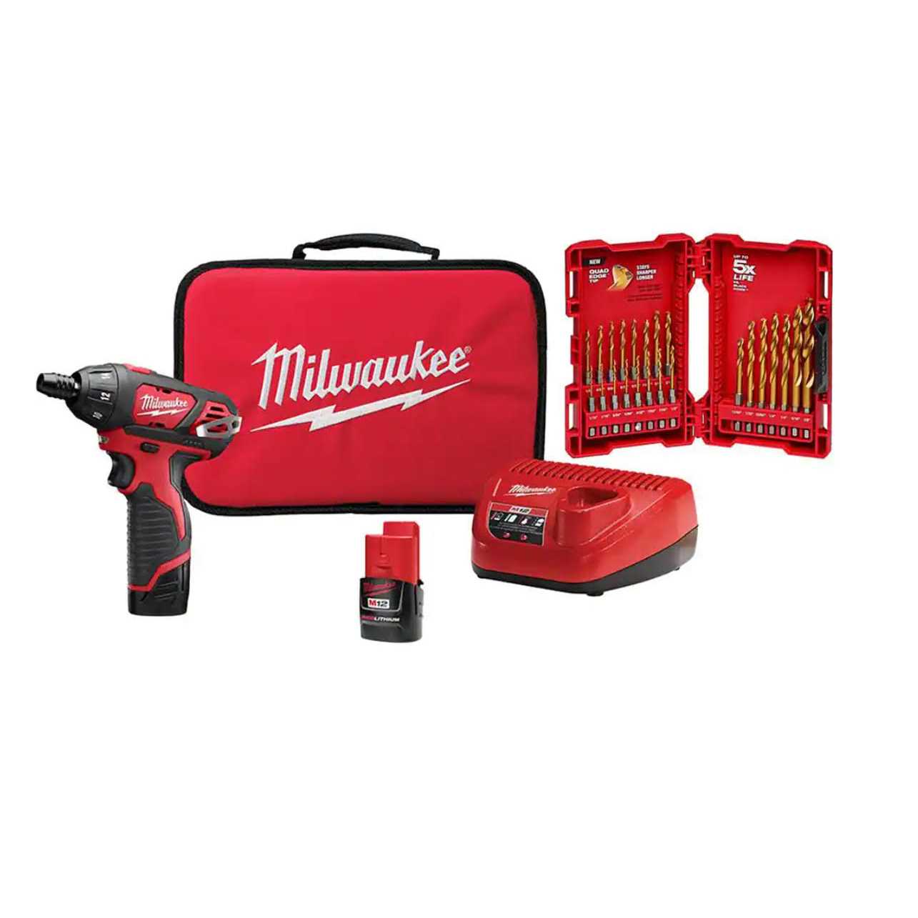Milwaukee M12 12V Lithium-Ion Cordless 1/4 in. Hex Screwdriver Kit w/ SHOCKWAVEImpact Duty Titanium Drill Bit Set