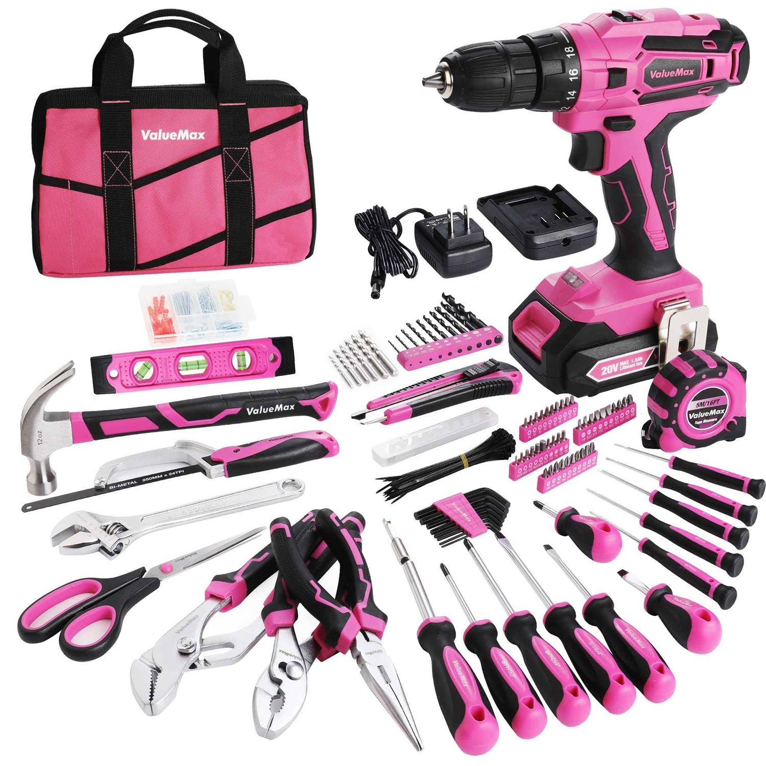 ValueMax Home Tool Kit with Drill 238-Pieces Pink Tool Set with 20V Cordless Lithium-ion Drill