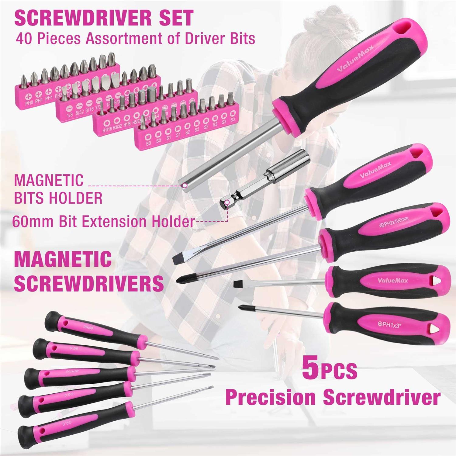 ValueMax Home Tool Kit with Drill 238-Pieces Pink Tool Set with 20V Cordless Lithium-ion Drill - Image 4