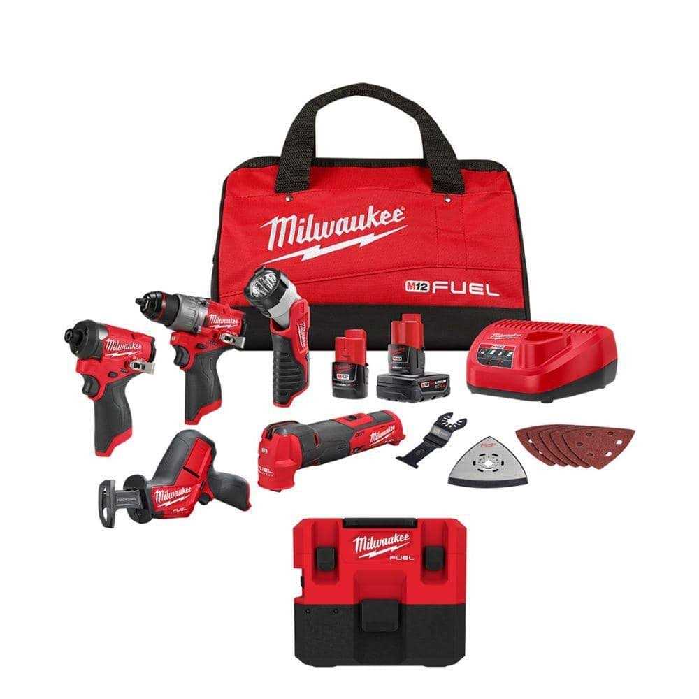 Milwaukee M12 FUEL 12-Volt Lithium-Ion Cordless 5-Tool Combo Kit w/ Batteries and Bag + M12 FUEL 1.6 Gal. Wet/Dry Vacuum