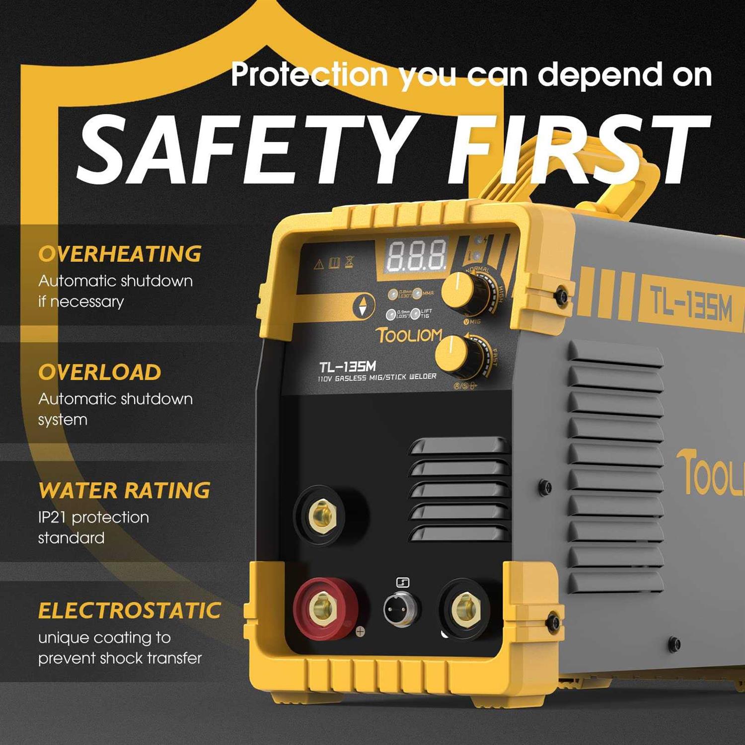 Tooliom 135A Flux Core Welder Mig Welder 110V Flux Mig/Lift TIG/Stick 3-in-1 Welding Machine Igbt Dc Inverter - Image 5