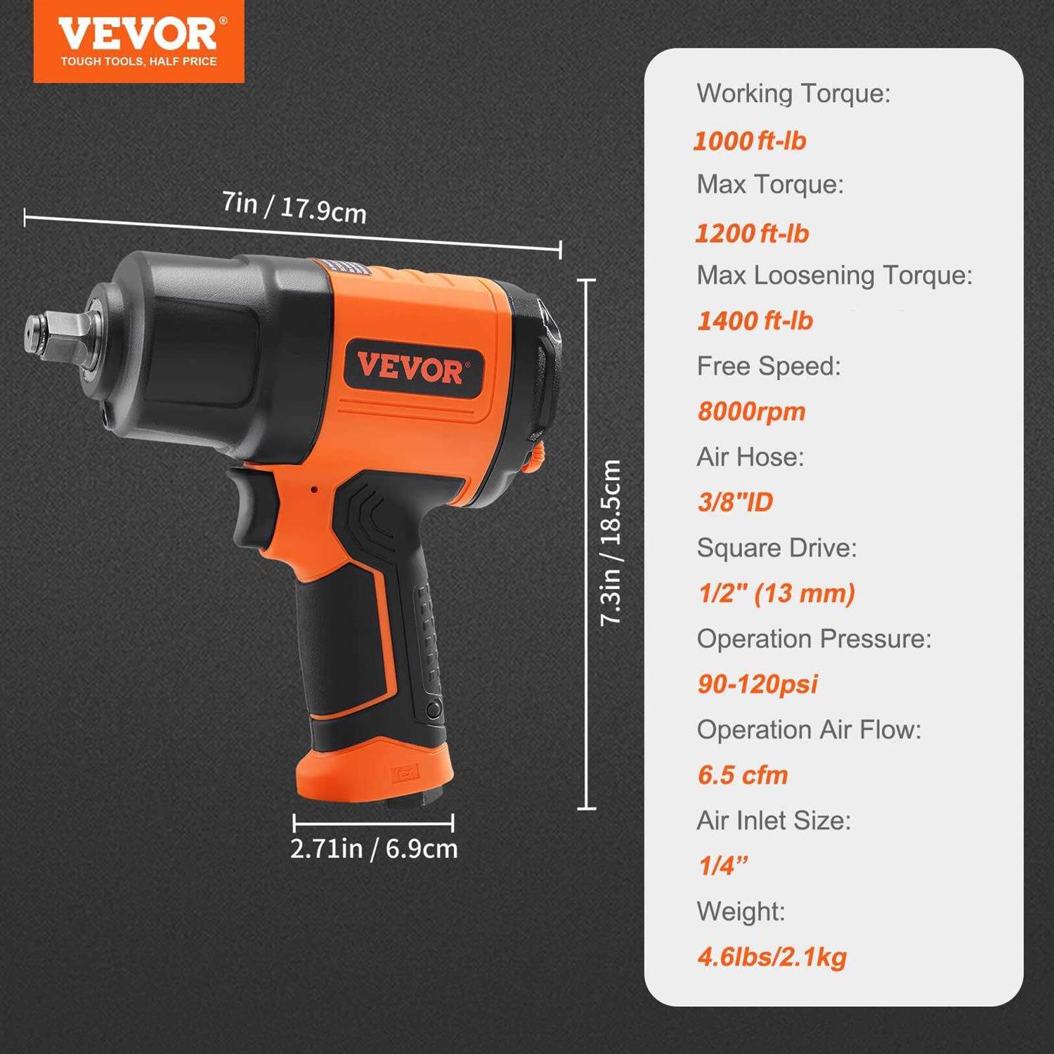 VEVOR 1/2-Inch Air Impact Wrench High Torque 1400 ft-lbs Lightweight 4.6 lb - Image 3