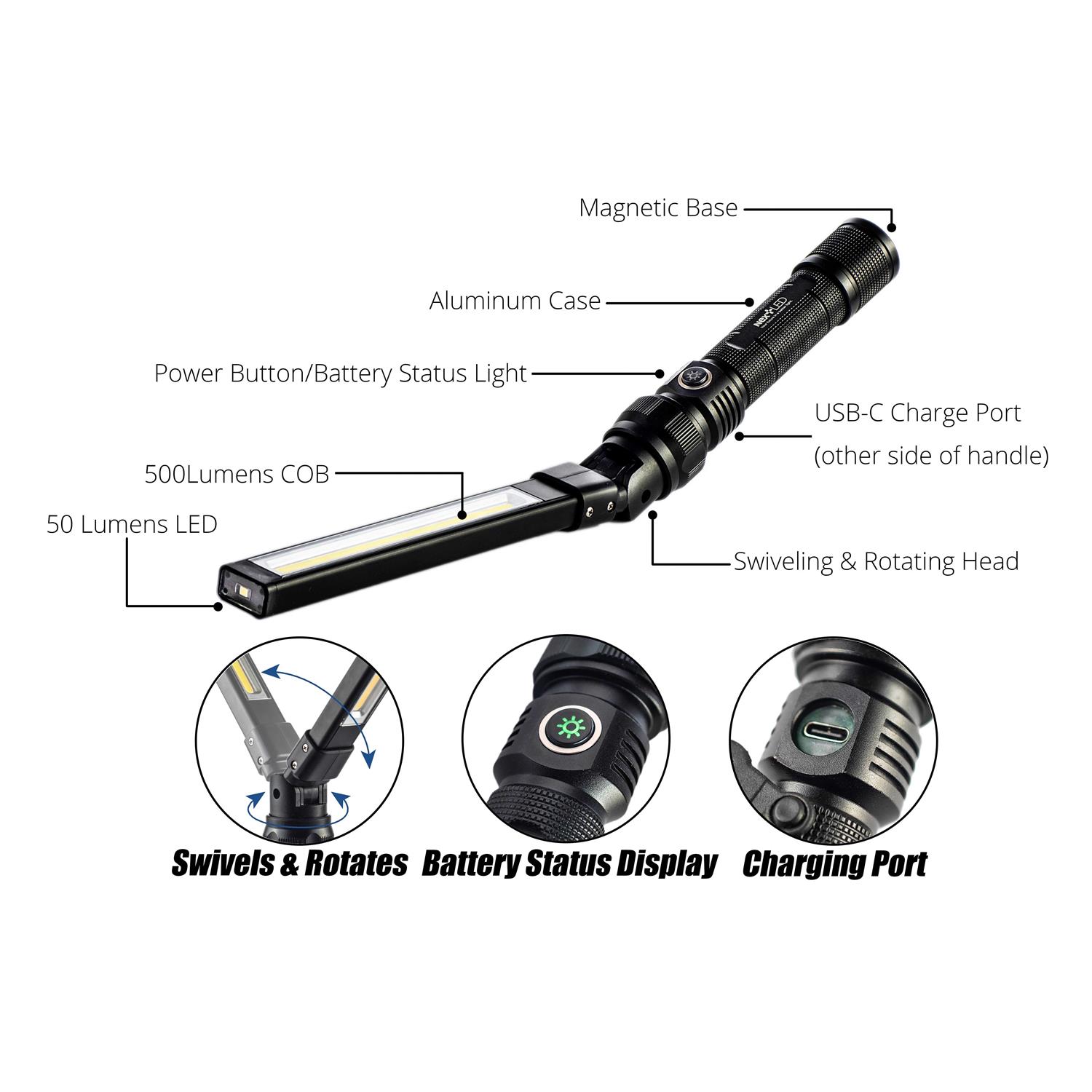 NextLED NT-7544 Heavy Duty Double-Sided Foldable Rechargeable Slim Magnetic Mechanic LED Work Light. 800 Lumen - Image 4