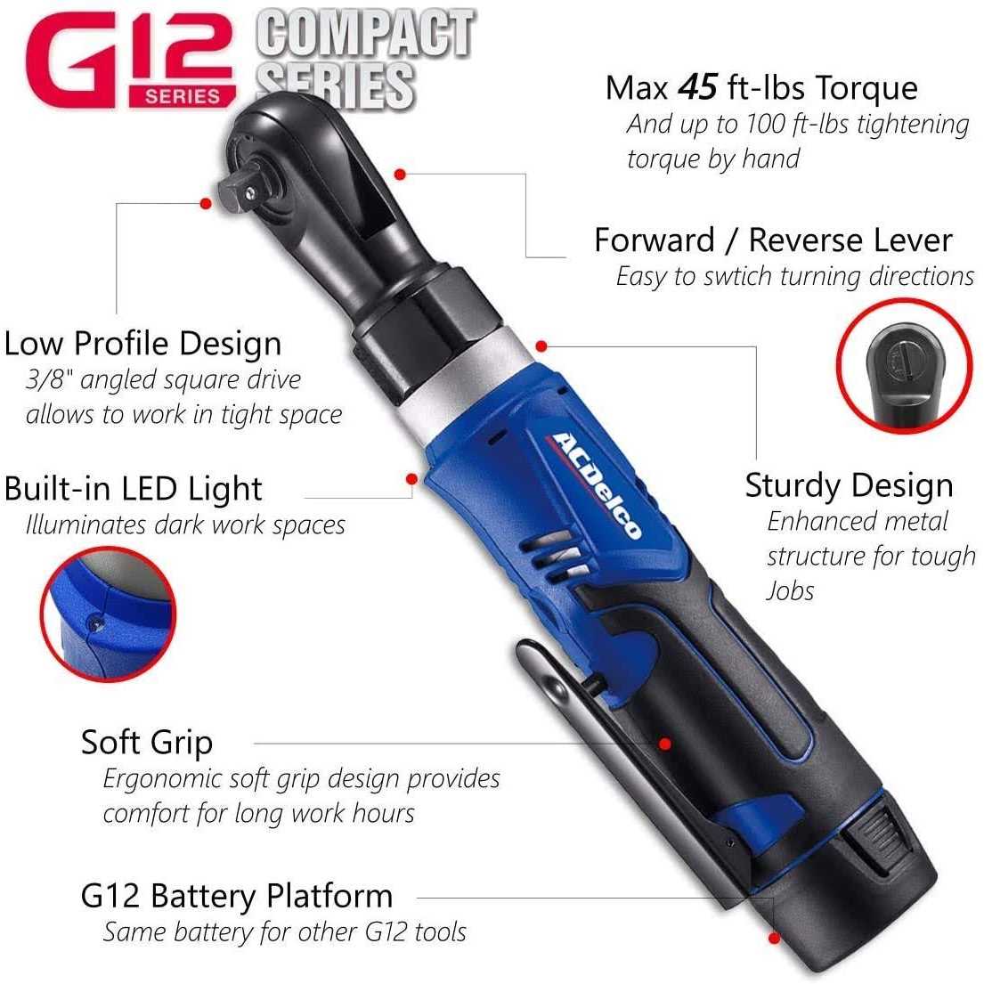 ACDelco ARW1209-K9 G12 Series 12V Li-ion Cordless & 3/8 Ratchet Wrench Combo Tool Kit with Canvas Bag - Image 4