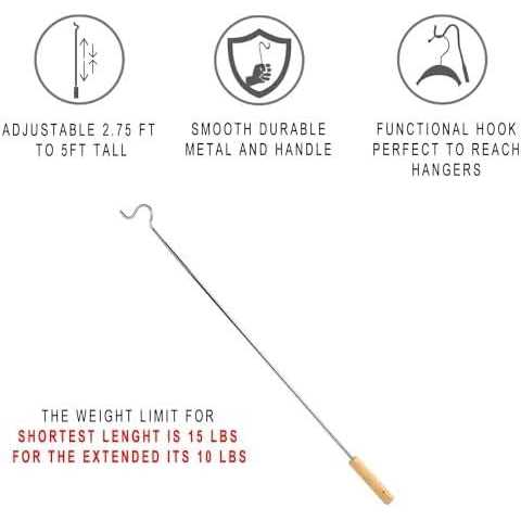 Closet Reacher Pole with Hook and Wooden Handle Heavy Duty Adjustable 2.75-5 Feet - Image 3