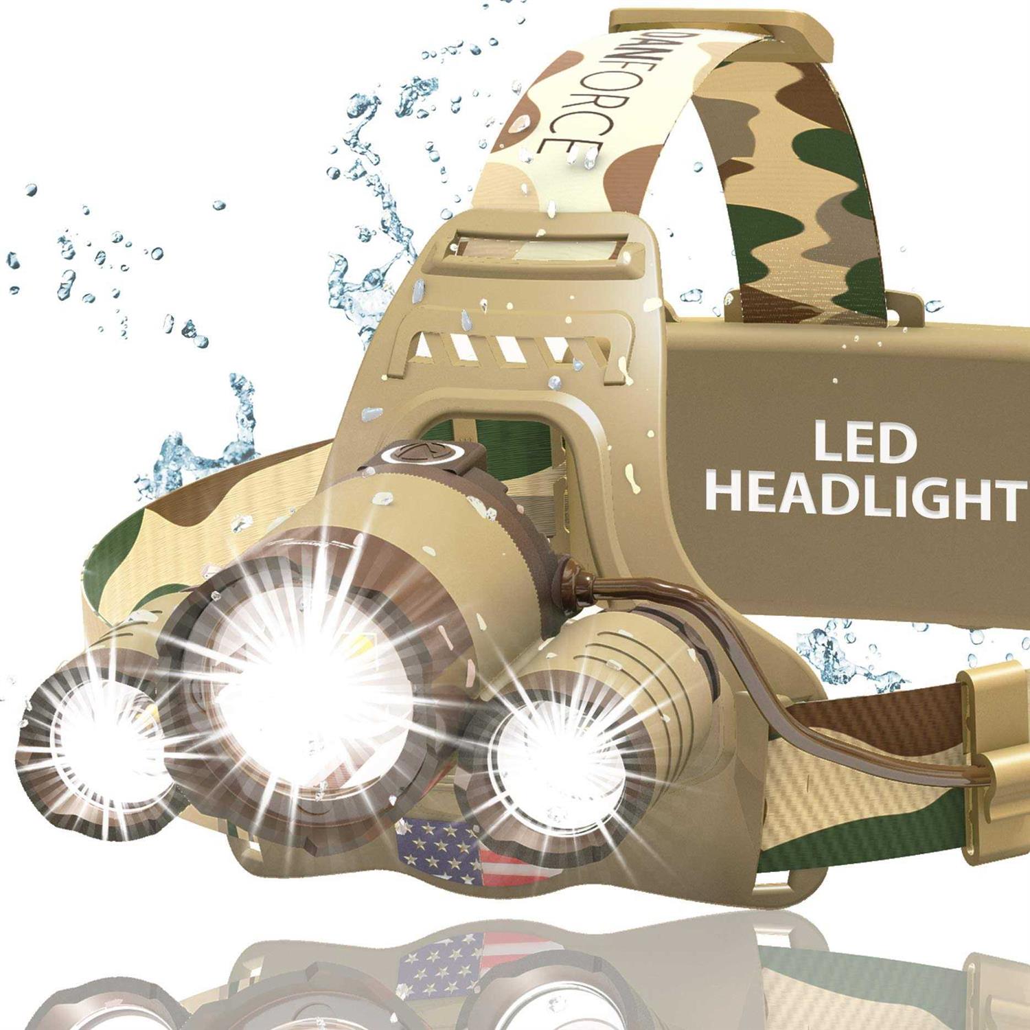 DanForce Camouflaged Headlamp Ultra Bright USB Rechargeable Head lamp. Tactical Head Flashlight Designed Especially for Hunting & Fishing. LED