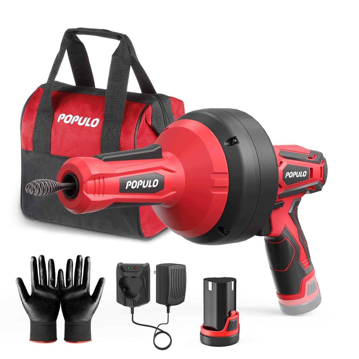 Populo Electric Drain Auger 12V Flexible Snake Drain Clog Remover with Power Drill