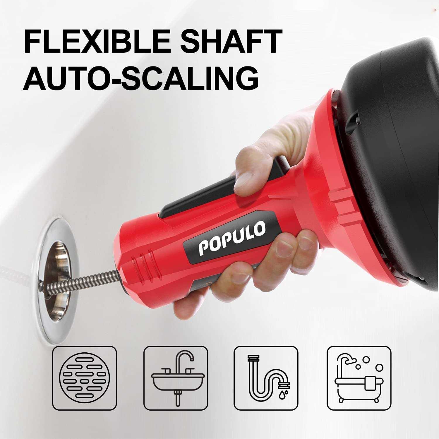 Populo Electric Drain Auger 12V Flexible Snake Drain Clog Remover with Power Drill - Image 4