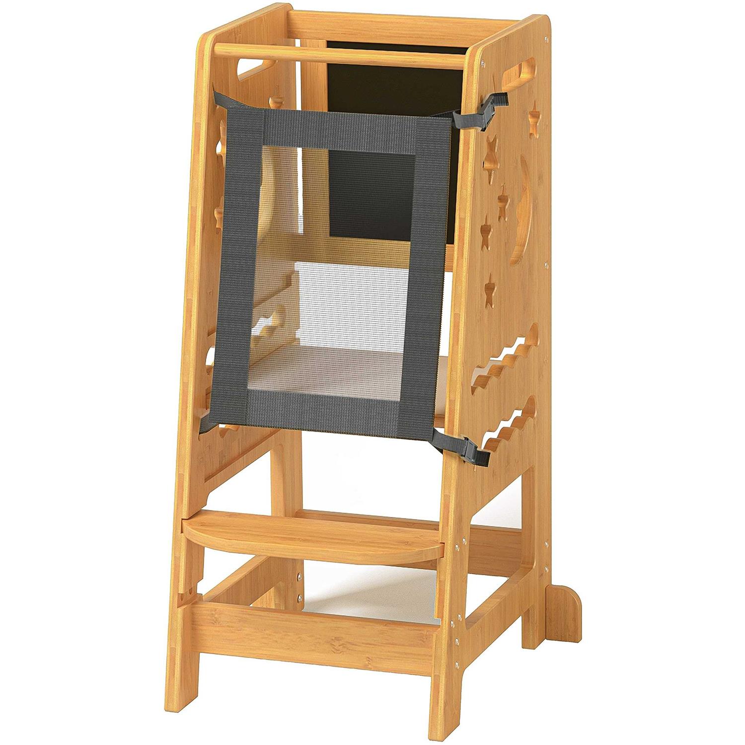 Toetol Kids Kitchen Step Stool With Keeper Bamboo Toddler Child Standing Tower Helper Adjustable Height With Black and White Activity Board - Image 2