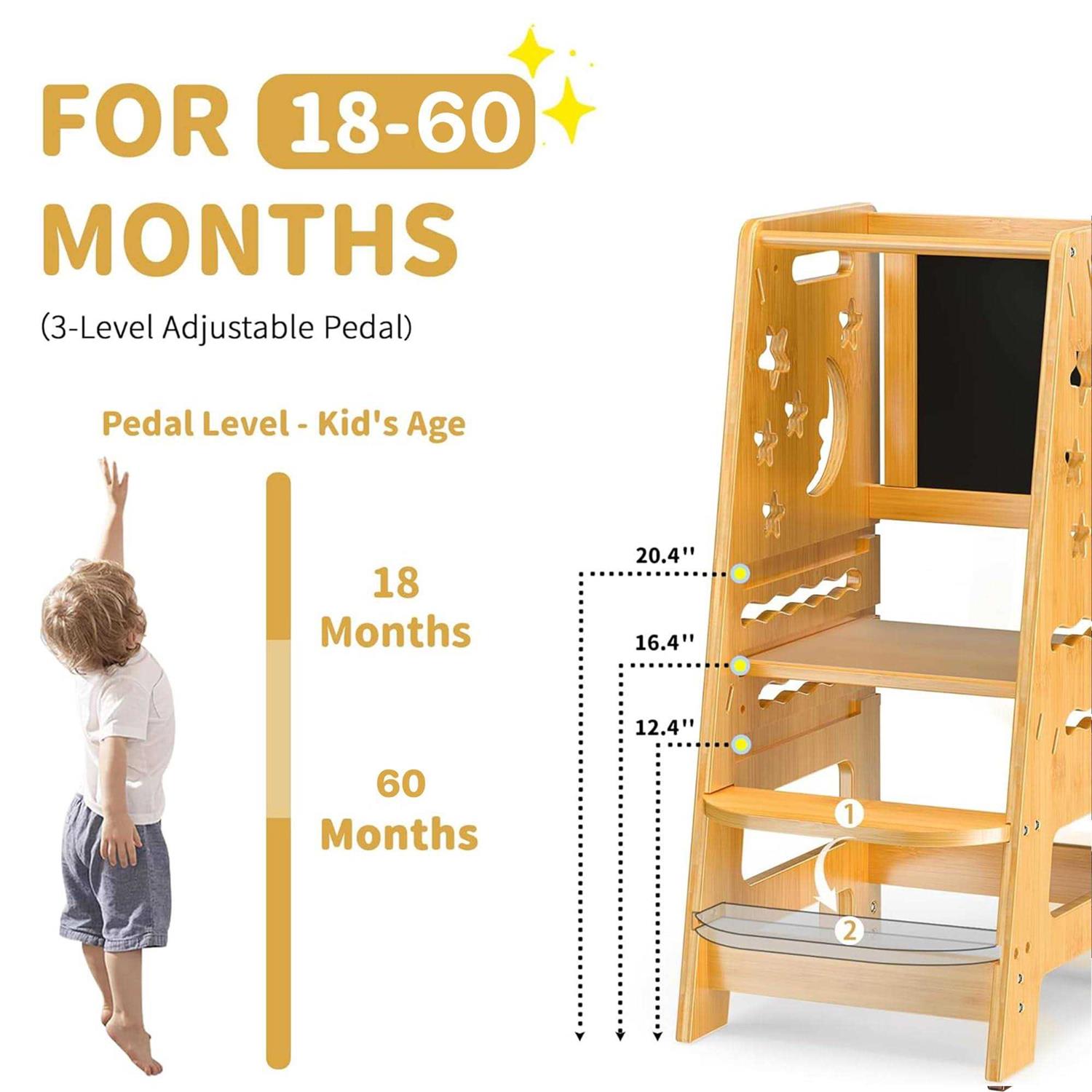 Toetol Kids Kitchen Step Stool With Keeper Bamboo Toddler Child Standing Tower Helper Adjustable Height With Black and White Activity Board - Image 4