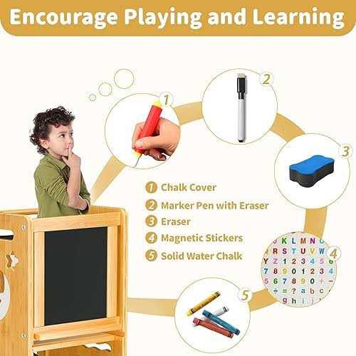 Toetol Kids Kitchen Step Stool With Keeper Bamboo Toddler Child Standing Tower Helper Adjustable Height With Black and White Activity Board - Image 5