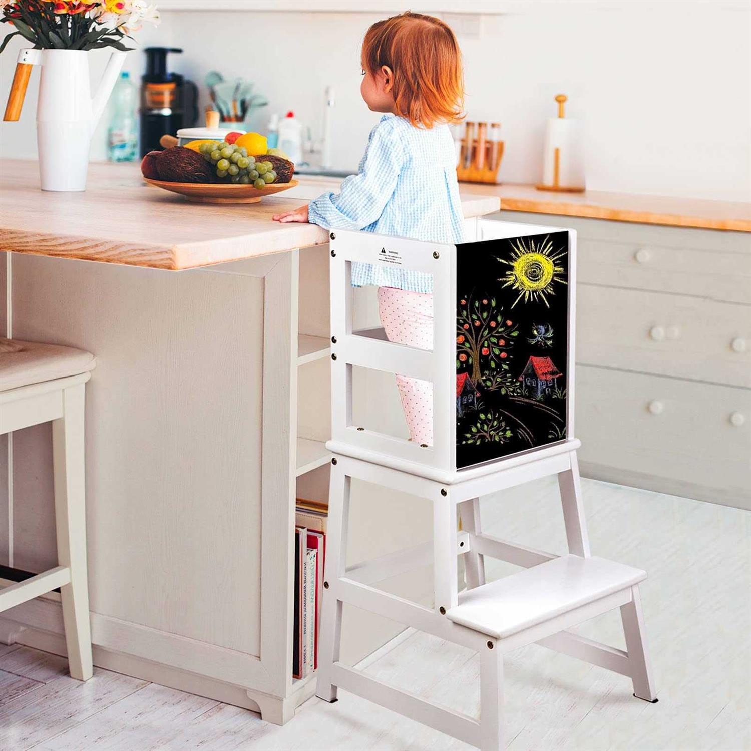 NEEDUX Kids Kitchen Step Stool with Chalkboard & Safety Rail for Toddlers 18 Months and Older