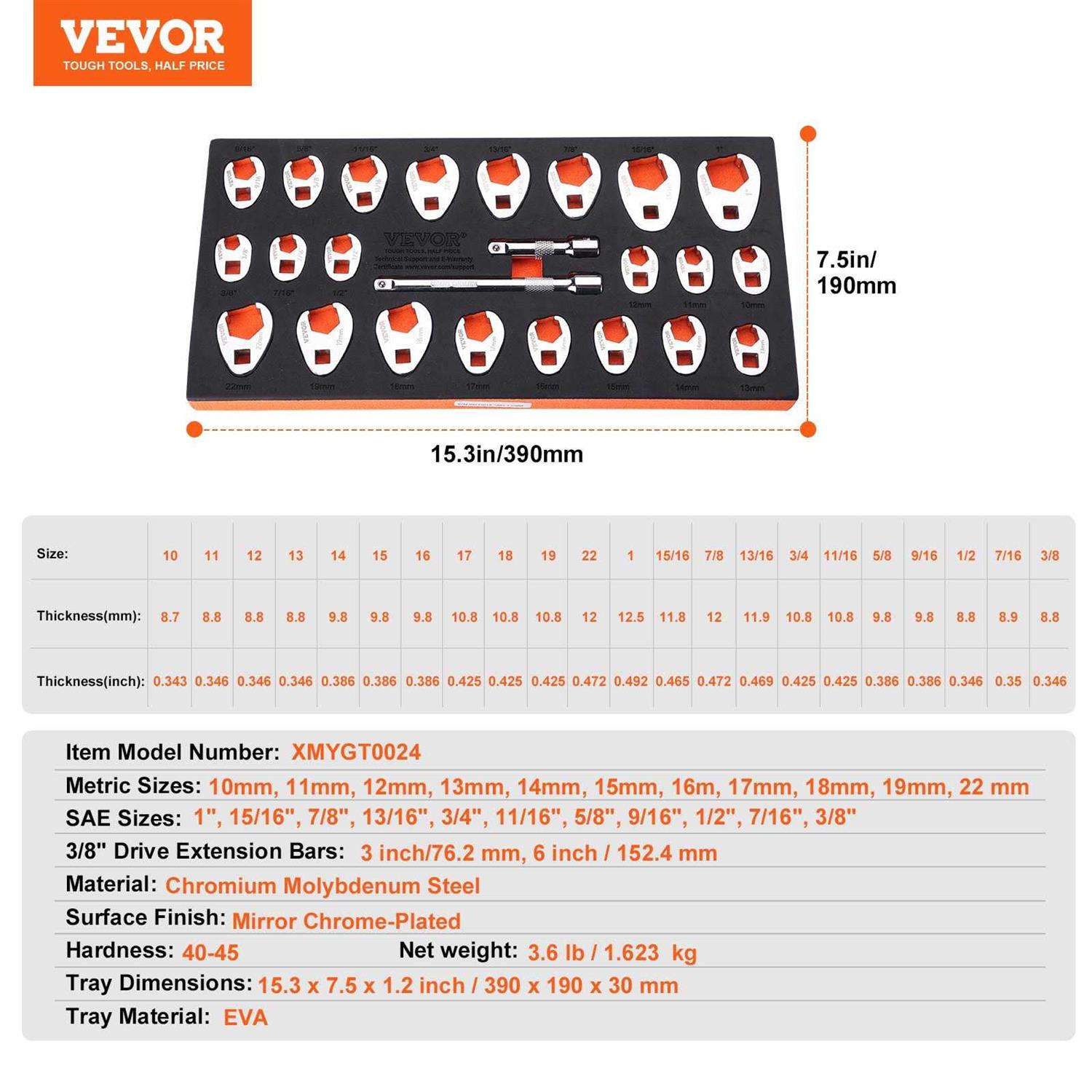 VEVOR 3/8 Drive Crowfoot Wrench Set with 2 Extension Bars, 24-Piece Crows Foot Wrench Set, SAE 3/8-1 and Metric 10-22 mm - Image 2