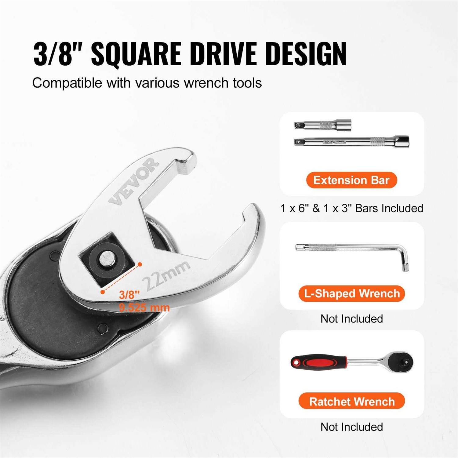 VEVOR 3/8 Drive Crowfoot Wrench Set with 2 Extension Bars, 24-Piece Crows Foot Wrench Set, SAE 3/8-1 and Metric 10-22 mm - Image 4