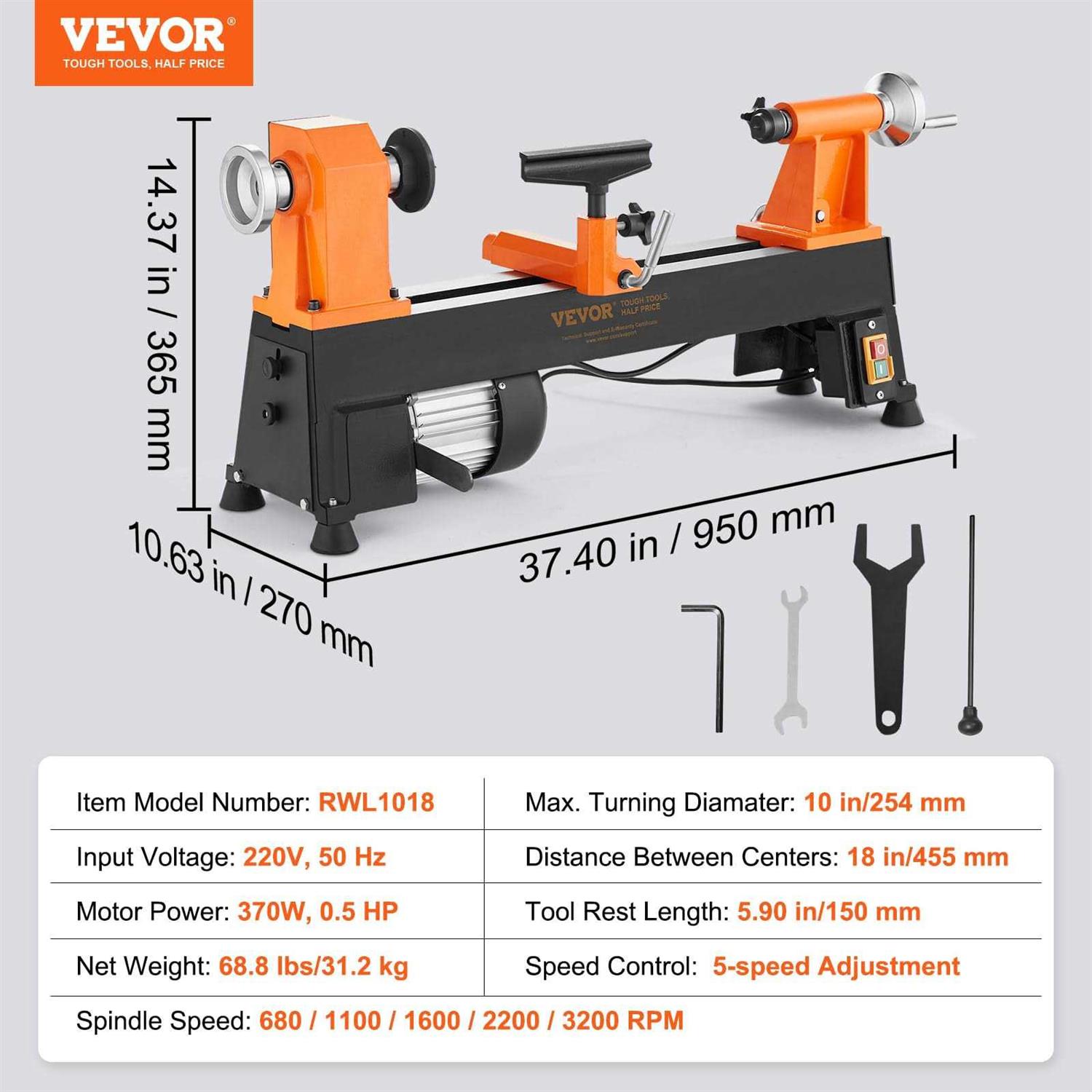 VEVOR Benchtop Wood Lathe 10 in x 18 in 0.5 HP 370W Power Wood Turning Lathe Machine - Image 3