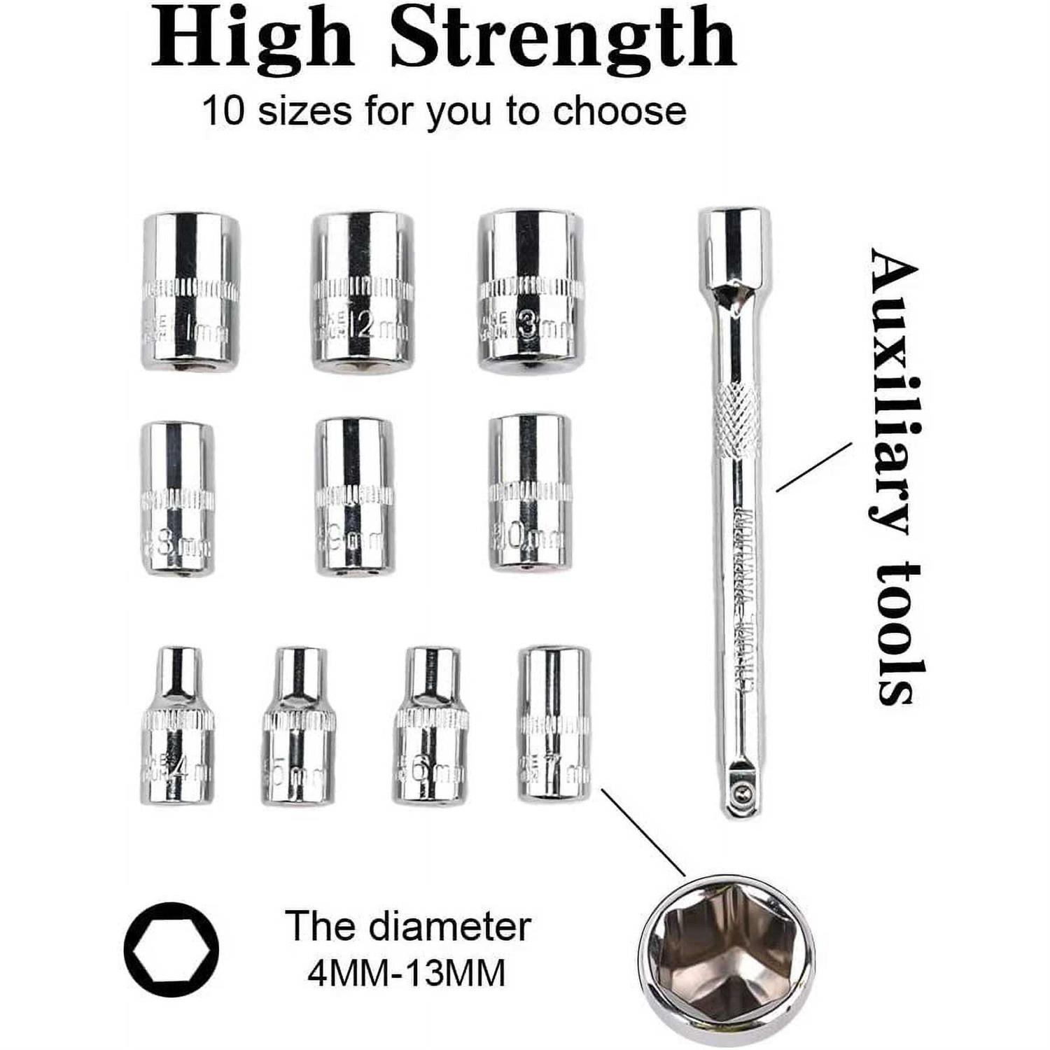 Egofine 12pcs 1/4 Inch Ratchet Socket Wrench Set Drive Socket Set with 10 Sockets 4-13mm and 2 Way Quick Released Ratchet Handle and Extension Bar - Image 3