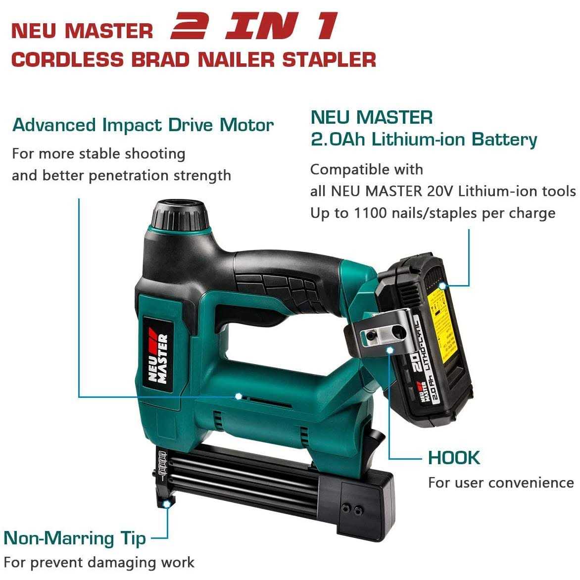Cordless Brad Nailer, Neu Master Ntc0023 Rechargeable Nail Gun/Staple Gun for Upholstery, Carpentry and Woodworking Projects - Image 5