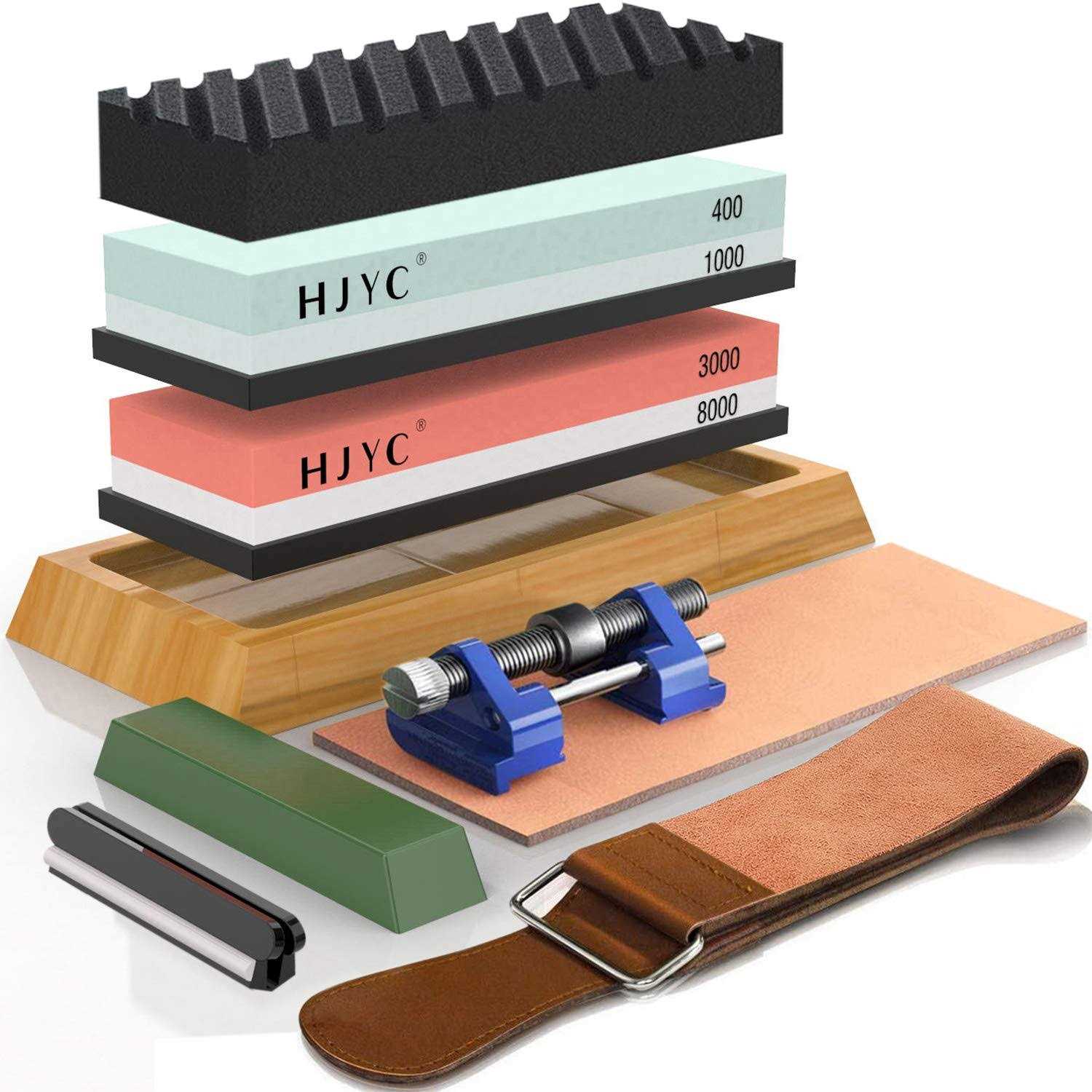 Knife Sharpening Stone Set,4 Side Grit 400/1000 3000/8000 Water Stone,Whetstone Kit with Non-slip Bamboo Base,Flattening Stone,Angle Guide,Leather