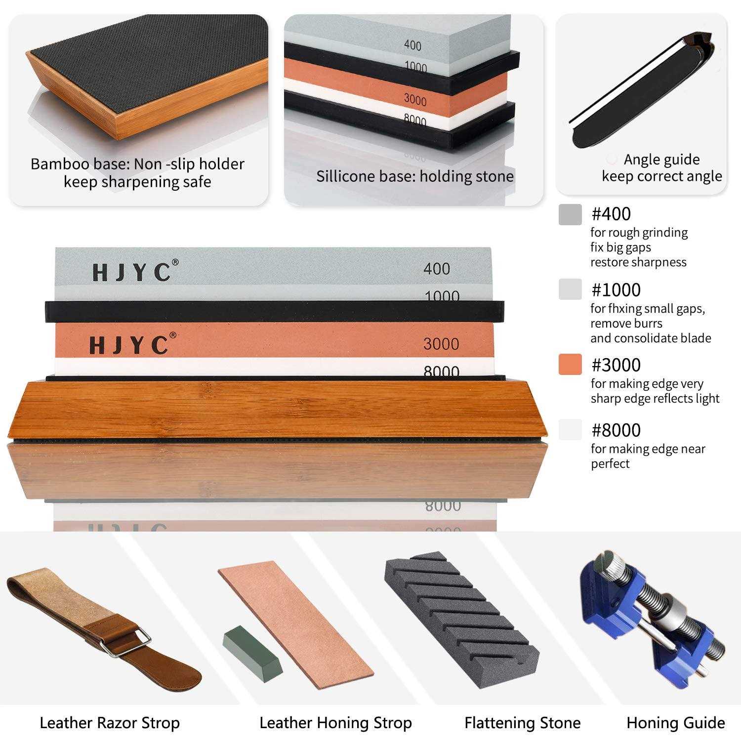 Knife Sharpening Stone Set,4 Side Grit 400/1000 3000/8000 Water Stone,Whetstone Kit with Non-slip Bamboo Base,Flattening Stone,Angle Guide,Leather - Image 2