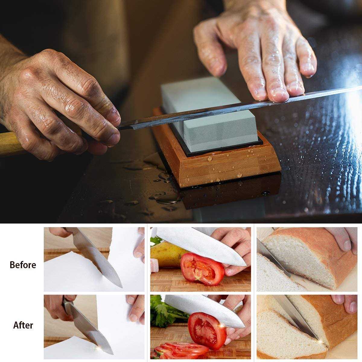 Knife Sharpening Stone Set,4 Side Grit 400/1000 3000/8000 Water Stone,Whetstone Kit with Non-slip Bamboo Base,Flattening Stone,Angle Guide,Leather - Image 3