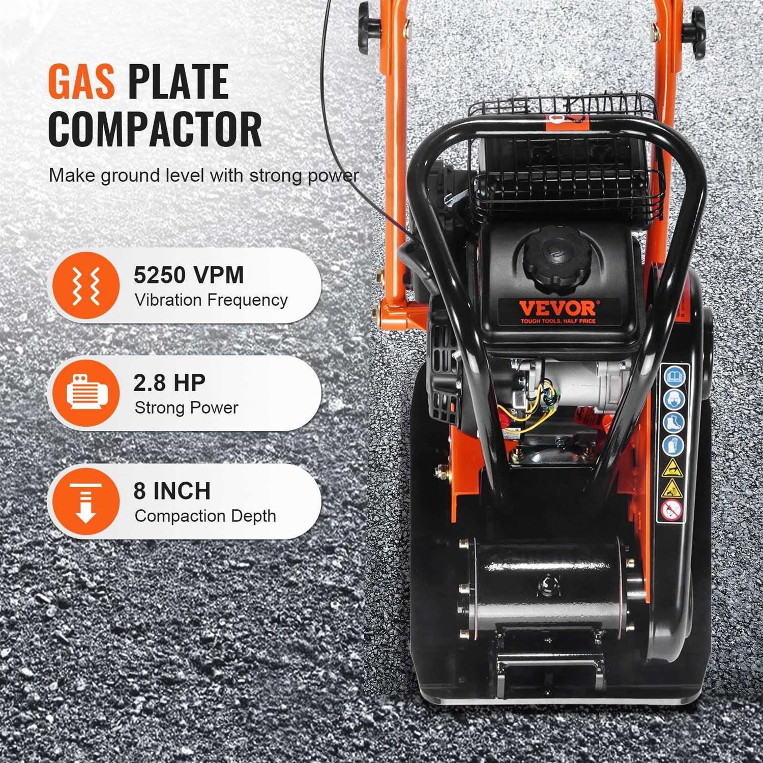 VEVOR Plate Compactor,2.8HP 78.5cc Gas Engine 5600VPM Force Vibratory Compaction Tamper,1920LBS Compactor with 18.7 x 11.8 in Plate for Walkways - Image 4