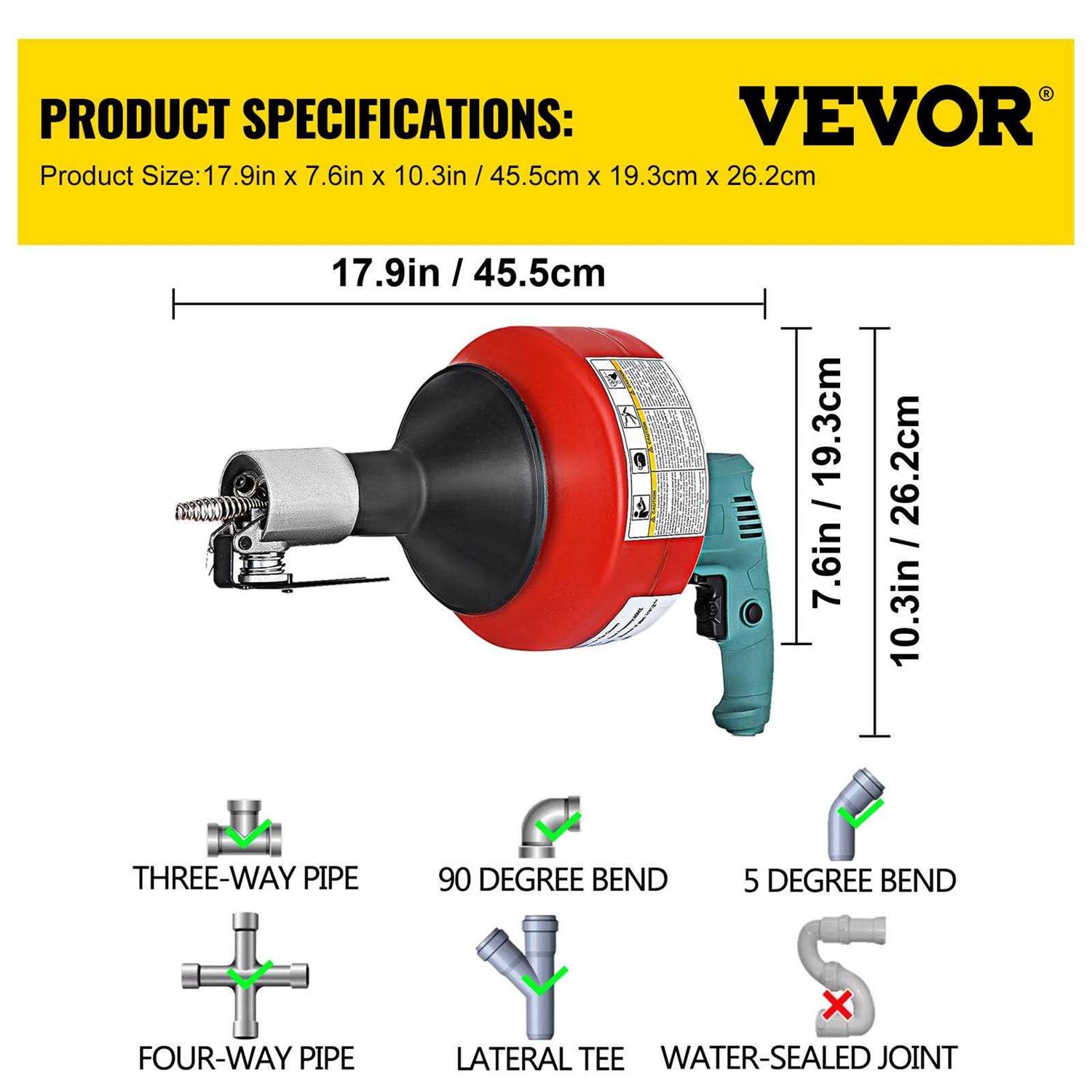 VEVOR Drain Cleaner Machine 26 ft X1/3 inch 700W Electric Drain Cleaning Machine Drain Snake Drain Auger fit 0.8-2.6Pipes - Image 2