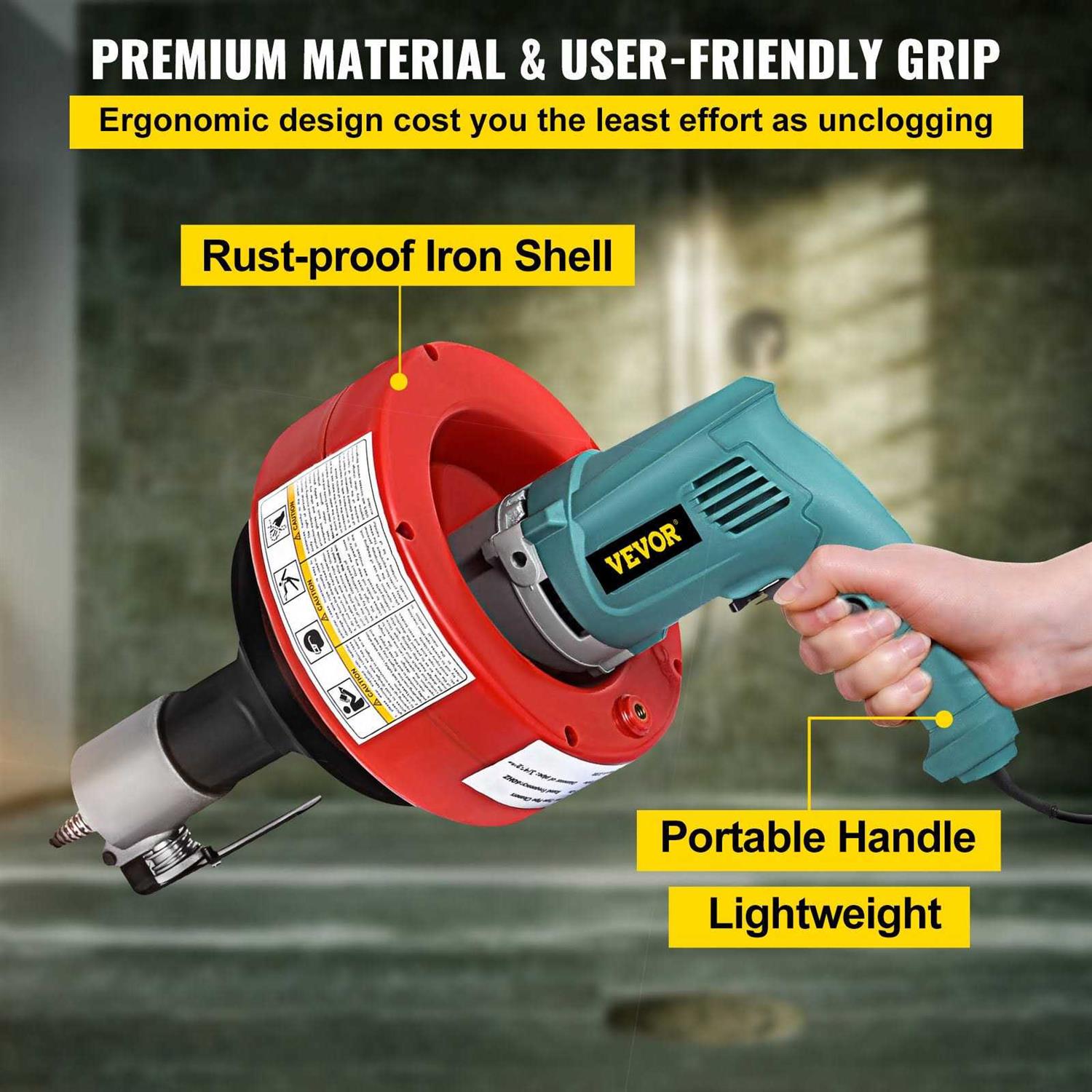 VEVOR Drain Cleaner Machine 26 ft X1/3 inch 700W Electric Drain Cleaning Machine Drain Snake Drain Auger fit 0.8-2.6Pipes - Image 5