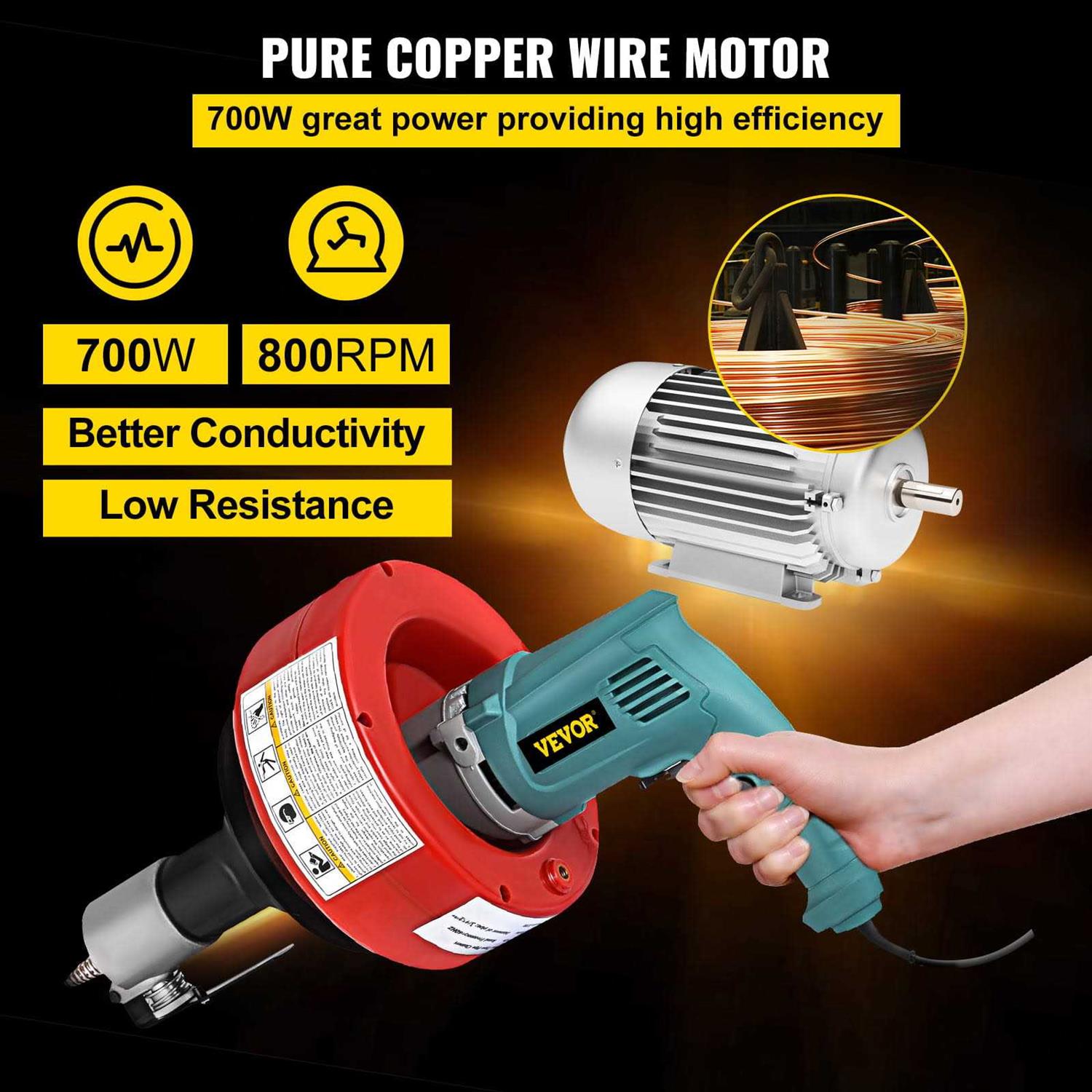 VEVOR Drain Cleaner Machine 26 ft X1/3 inch 700W Electric Drain Cleaning Machine Drain Snake Drain Auger fit 0.8-2.6Pipes - Image 3