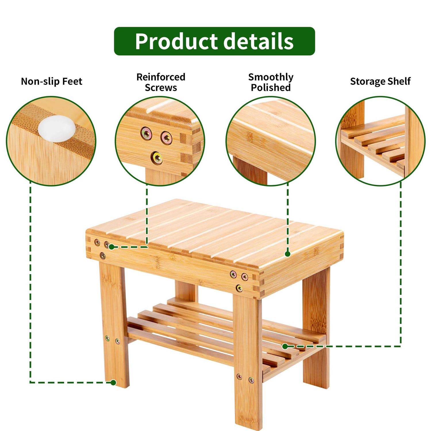 Vaefae Bamboo Small Seat Stool for Kids, Foot Rest Shaving Stool,storage Shelf, Durable Lightweight and Anti Slip - Image 3