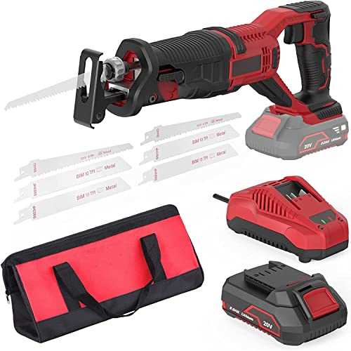 Reciprocating Saw, 20V Max Cordless Saw with 2.0Ah Battery & Charger, 6 Saw Blades, 3000RPM Variable Speed Trigger, Professional Power Saw for Wood,