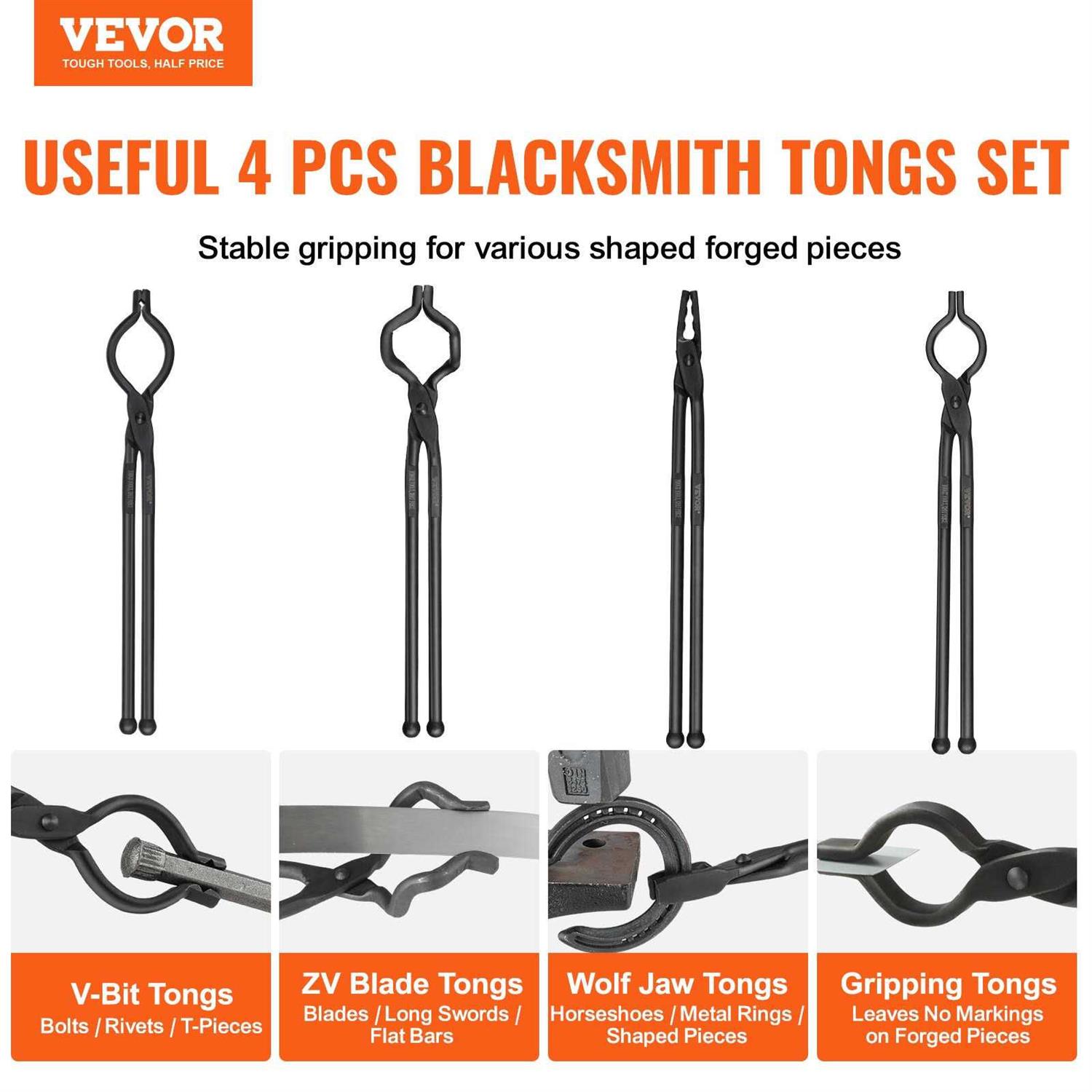 VEVOR Blacksmith Tongs, 18 4 PCS, V-Bit Bolt Tongs, Wolf Jaw Tongs, Z V-Bit Tongs and Gripping Tongs - Image 4