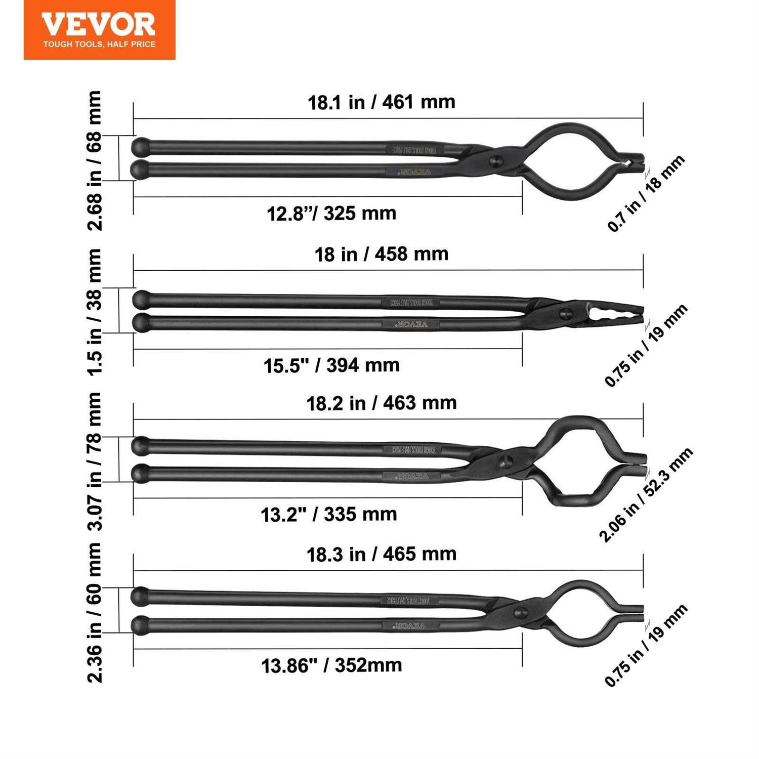 VEVOR Blacksmith Tongs, 18 4 PCS, V-Bit Bolt Tongs, Wolf Jaw Tongs, Z V-Bit Tongs and Gripping Tongs - Image 5