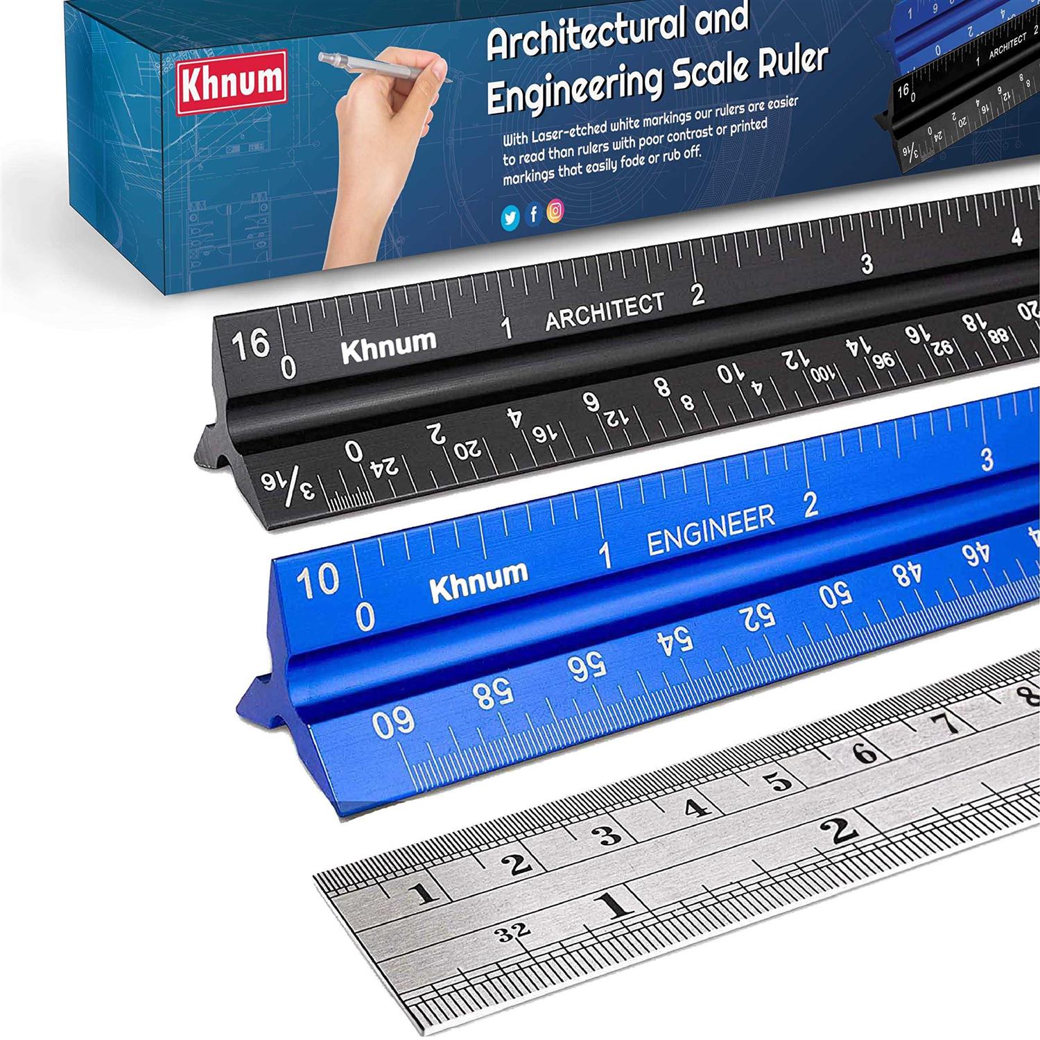 Khnum 12-Inch Architectural and Engineering Scale Ruler Set Laser-Etched Aluminum Triangular Drafting Tool