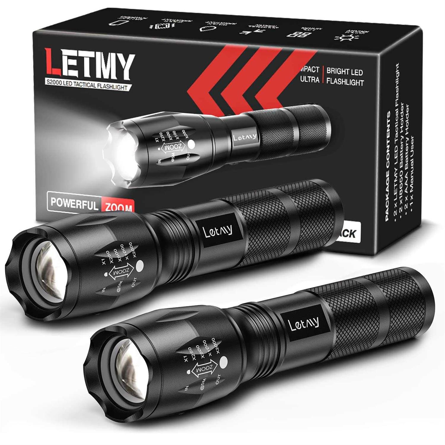 Letmy LED Tactical Flashlight S1000 PRO 2 Pack Bright Military Grade Flashlights High Lumens
