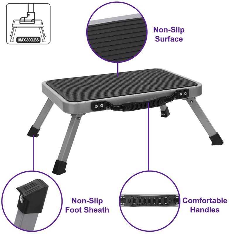 Ylebs Metal Step Stool,Portable Foot Stool with Reflective Handle,Foldable Non Slip 330lbs Capacity 1 Stepping Stools for Bed Office RV Adult Use - Image 3