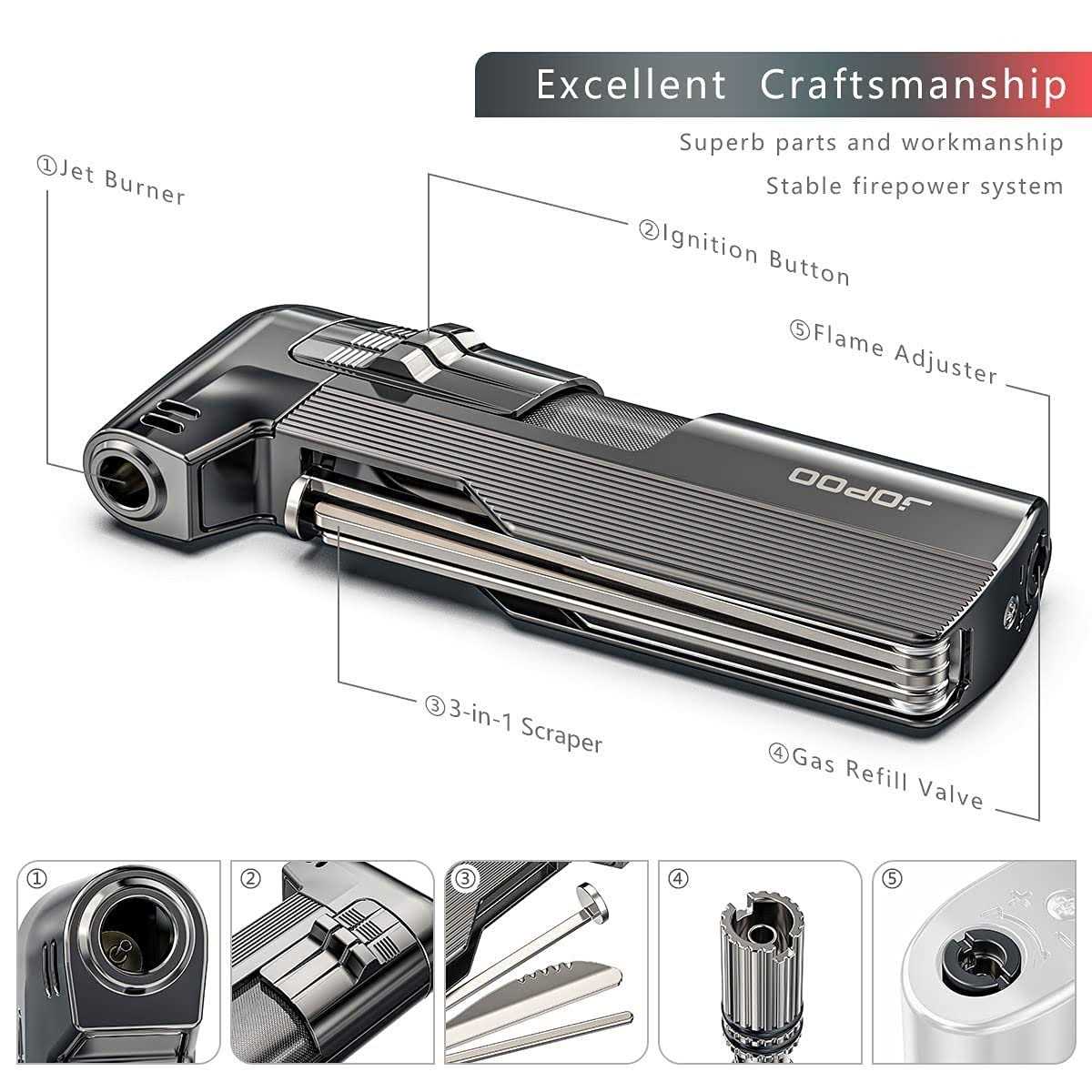 JOPOO Pipe Lighter Gas Butane Refillable Soft Flame with Pipe Cleaner Tools - Image 3