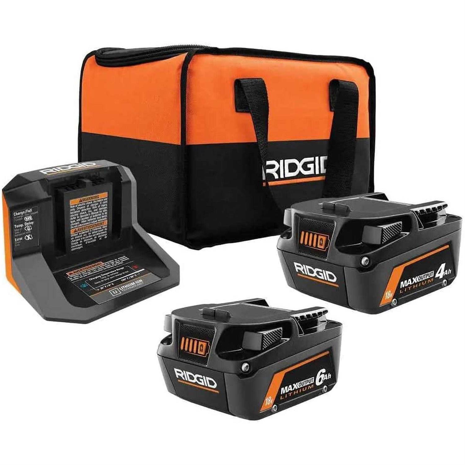 Ridgid 18V 6.0 Ah and 4.0 Ah MAX Output Lithium-Ion Batteries and Charger Kit with Bag