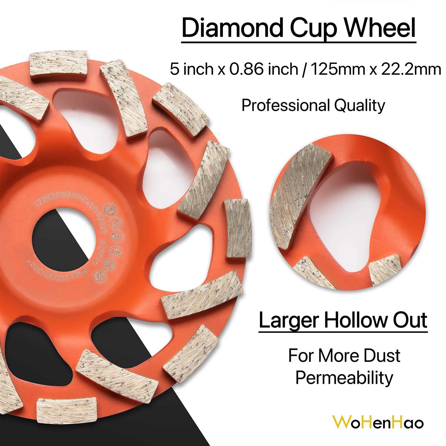 Wohenhao Dust Shroud for Angle Grinder 4.5-5 inch + 2 PCS Diamond Grinding Cup Wheel 5 inch + Replacement Brush - Image 5