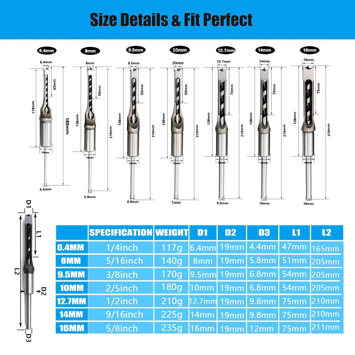 Cdiytool Woodworking Square Hole Drill Bits Wood Mortising Chisel Set Wood Square Hole Mortising Chisel Drill Bits for Mortising Machines and Drill Pr - Image 4