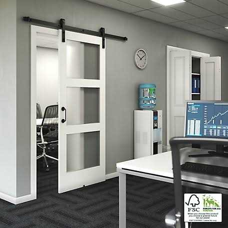 EightDoors White Finished Frosted Glass Pine Wood Single Barn Door - Image 5