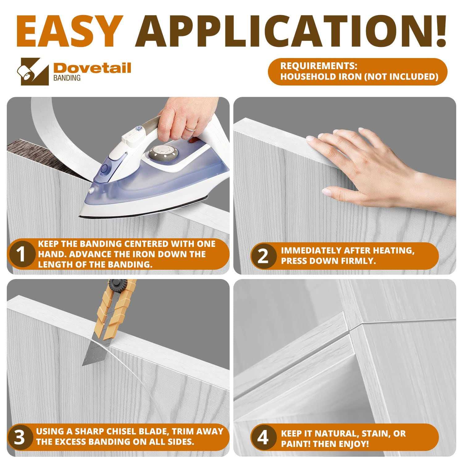 Dovetail Birch Edge Banding White Veneer Tape Pre-Glued 25 Ft Long Thin Real Wood Veneer Strips - Image 4