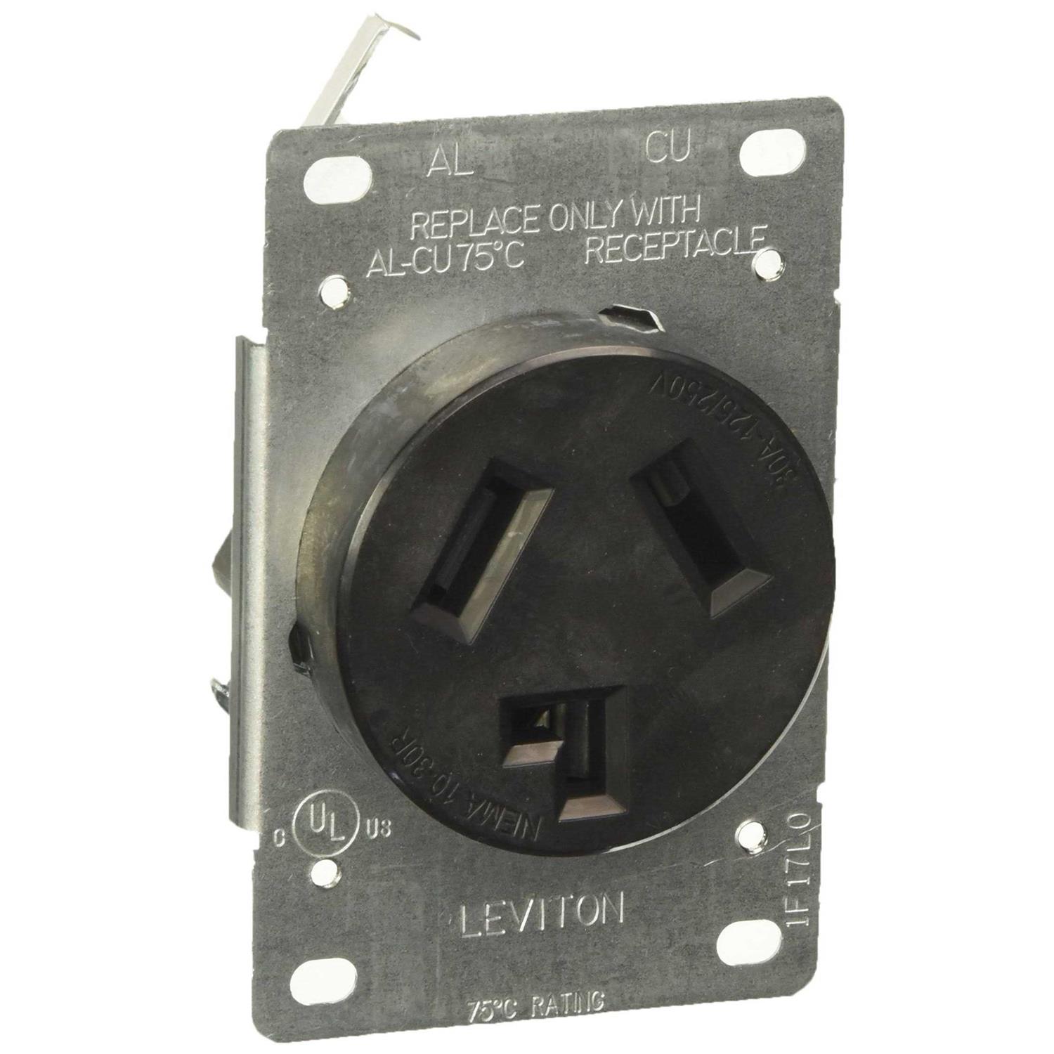 Leviton 5207-S10 30 Amp, 125/250 Volt, NEMA 10-30R, 3P, 3W, Flush MtG Receptacle, Straight Blade, Industrial Grade, Non-Grounding, AL-CU, Side Wired,