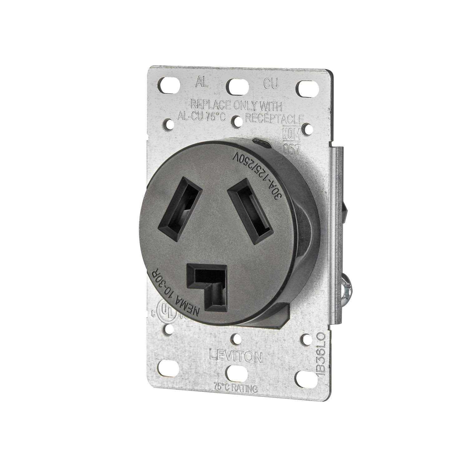 Leviton 5207-S10 30 Amp, 125/250 Volt, NEMA 10-30R, 3P, 3W, Flush MtG Receptacle, Straight Blade, Industrial Grade, Non-Grounding, AL-CU, Side Wired, - Image 2