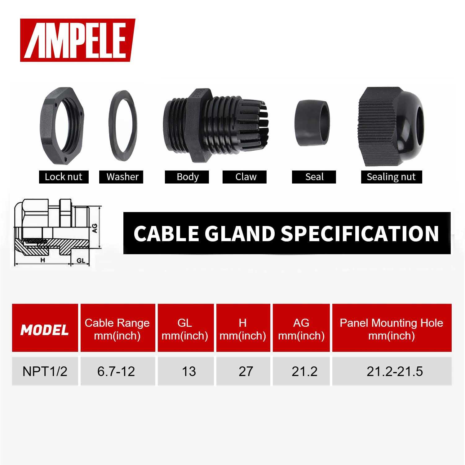 AMPELE NPT Cable Gland Waterproof Adjustable Nylon Cable Glands Joints with Gaskets - Image 5