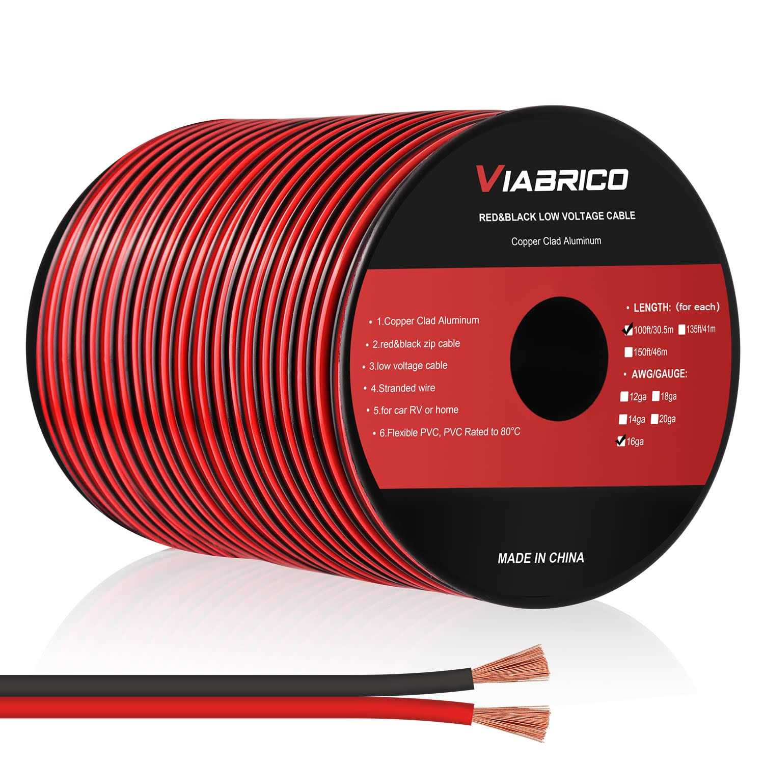 VIABRICO 16 Gauge Wire 16AWG Automotive Wire Electrical Wire 100FT 2 Conductor