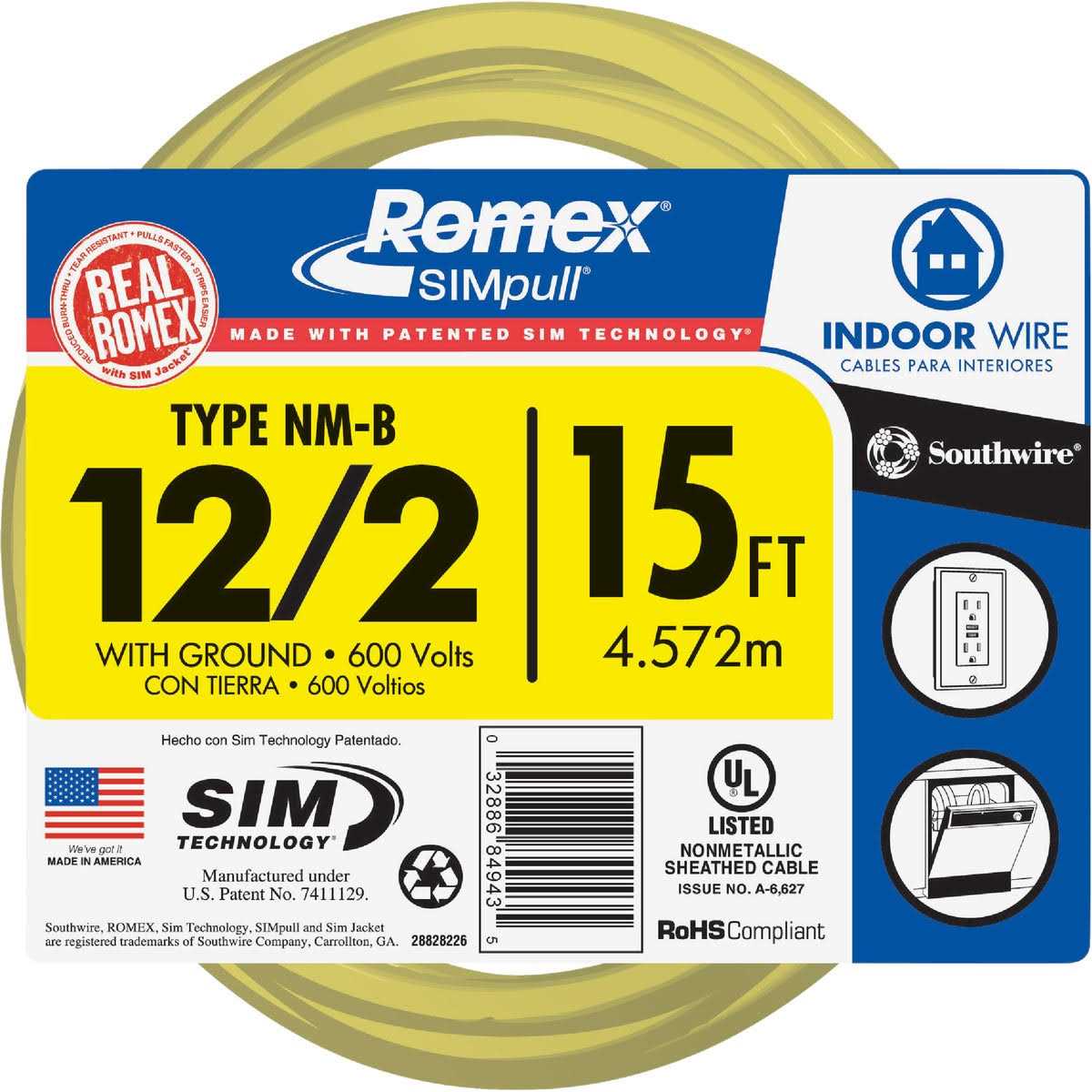 Southwire 28828226 12/2 AWG Romex SIMpull 15' NM-B Cable with Ground