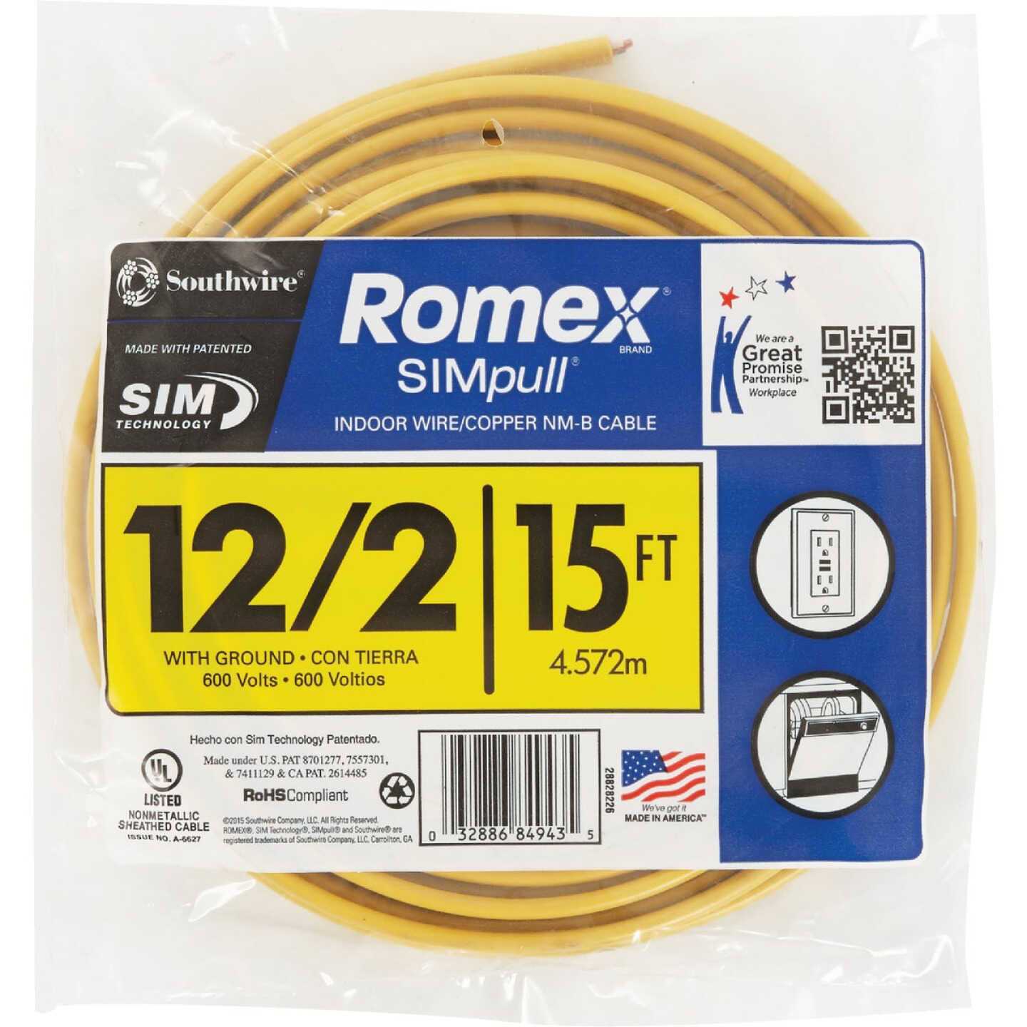 Southwire 28828226 12/2 AWG Romex SIMpull 15' NM-B Cable with Ground - Image 3