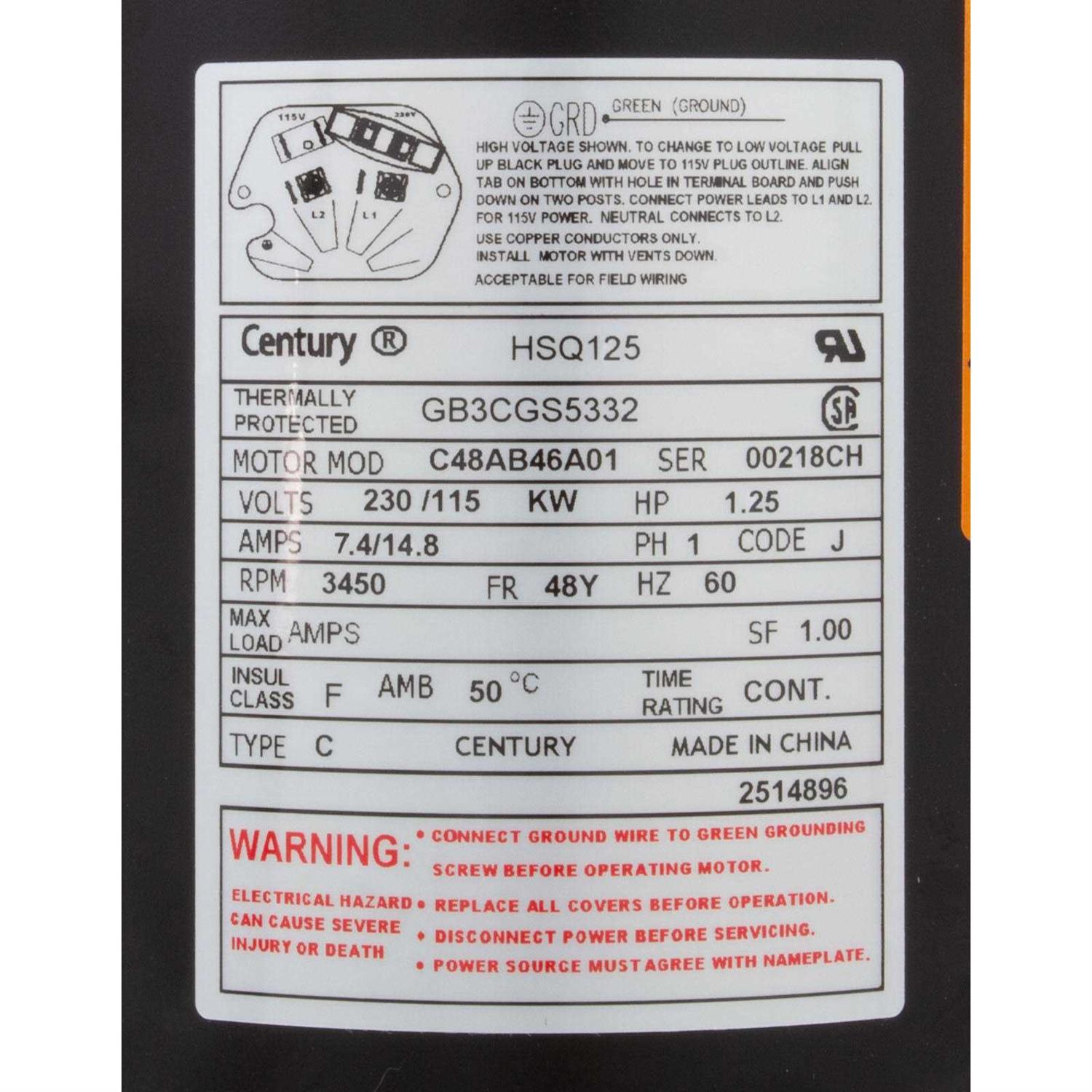 Century 1 HP Square Flange Motor USQ1102 - Image 4