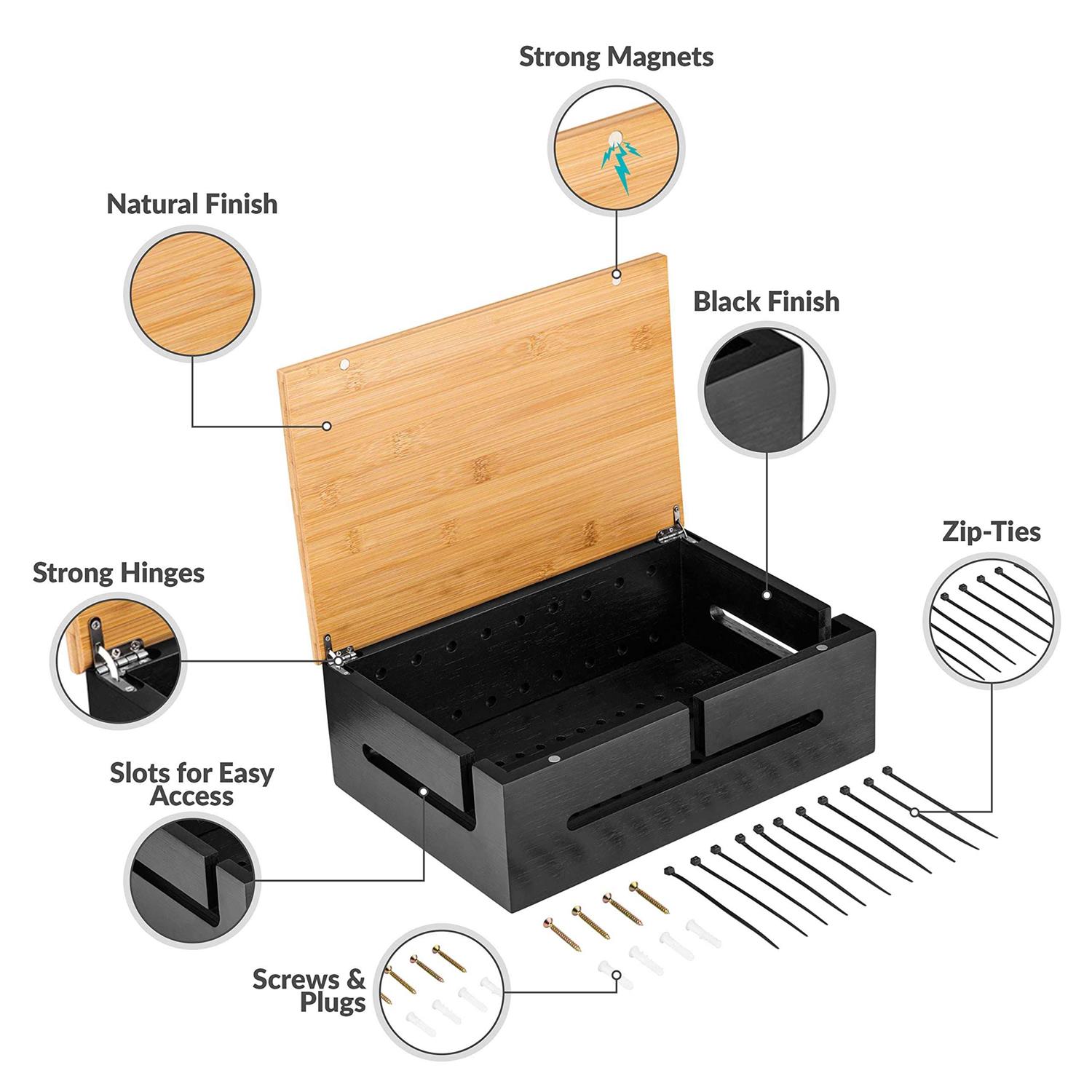 Cable Management Box with Magnetic Bamboo Lid & Cable Ties Elegant, Durable Cable Organizer Box to Hide Cords and Power Strip - Image 5