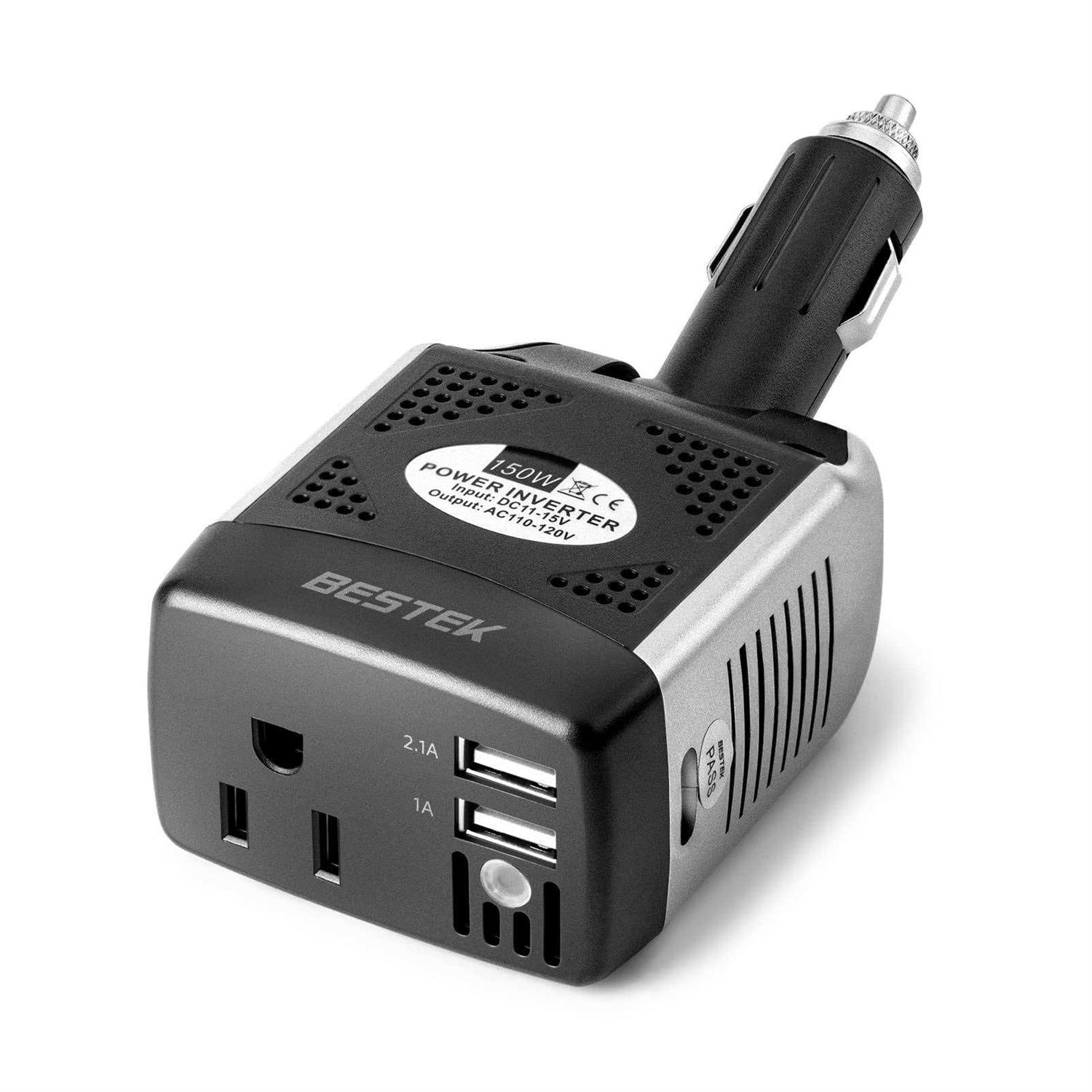 Bestek 150w Power Inverter 12V to 110v Voltage Converter Car Charger Power Adapter with 2 USB Charging Ports